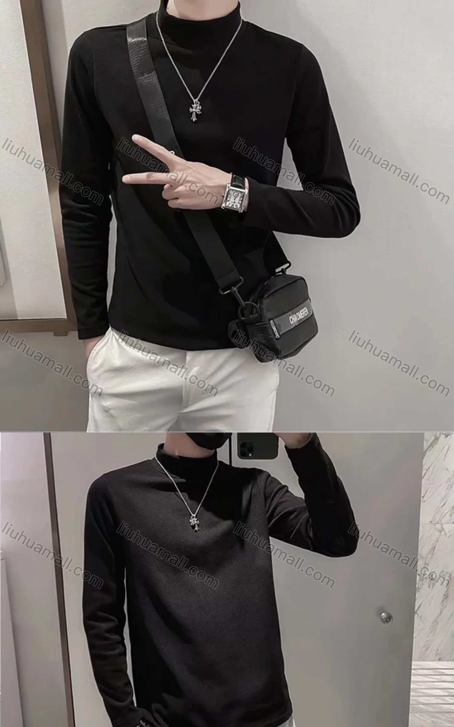 Wholesale Men's Casual Plain High Neck Long Sleeve T-shirt YT-961# - Liuhuamall