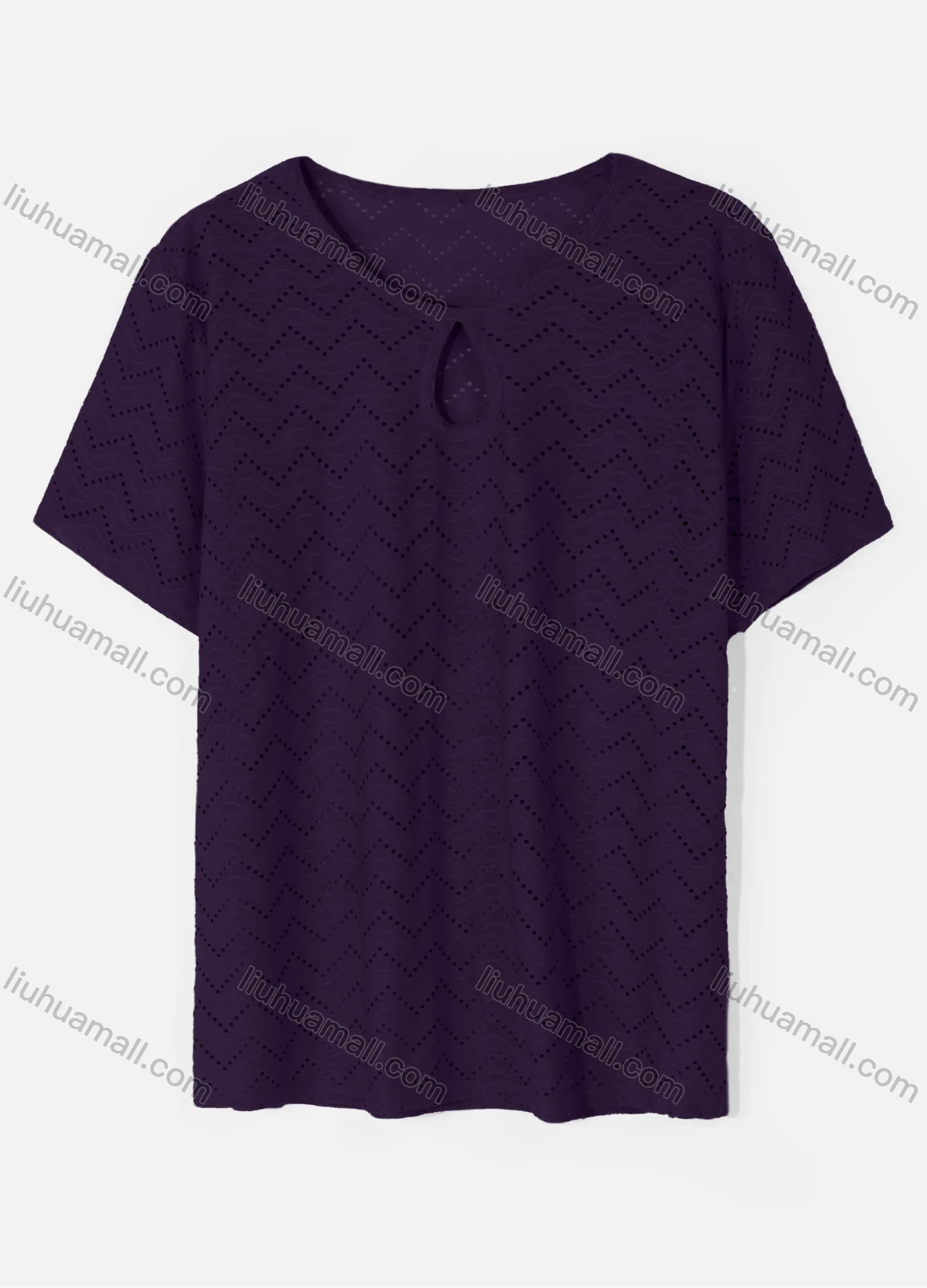 Wholesale Women's Casual Round Neck Short Sleeve Eyelet Embroidered Hollow Out Plain T-Shirt - Liuhuamall