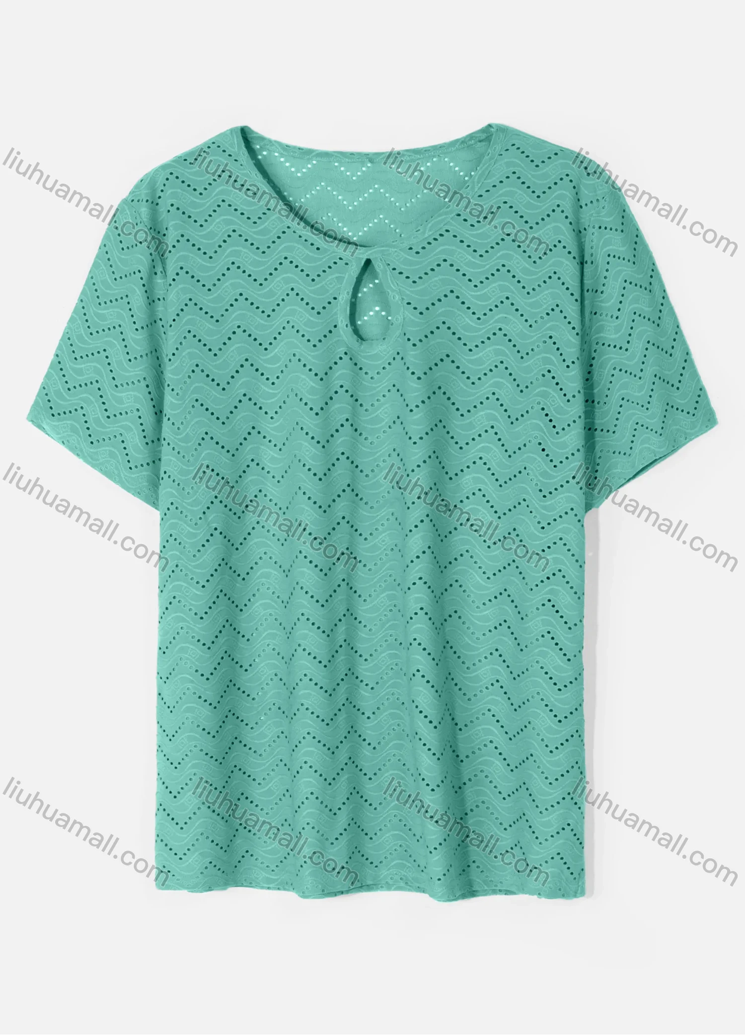 Wholesale Women's Casual Round Neck Short Sleeve Eyelet Embroidered Hollow Out Plain T-Shirt - Liuhuamall