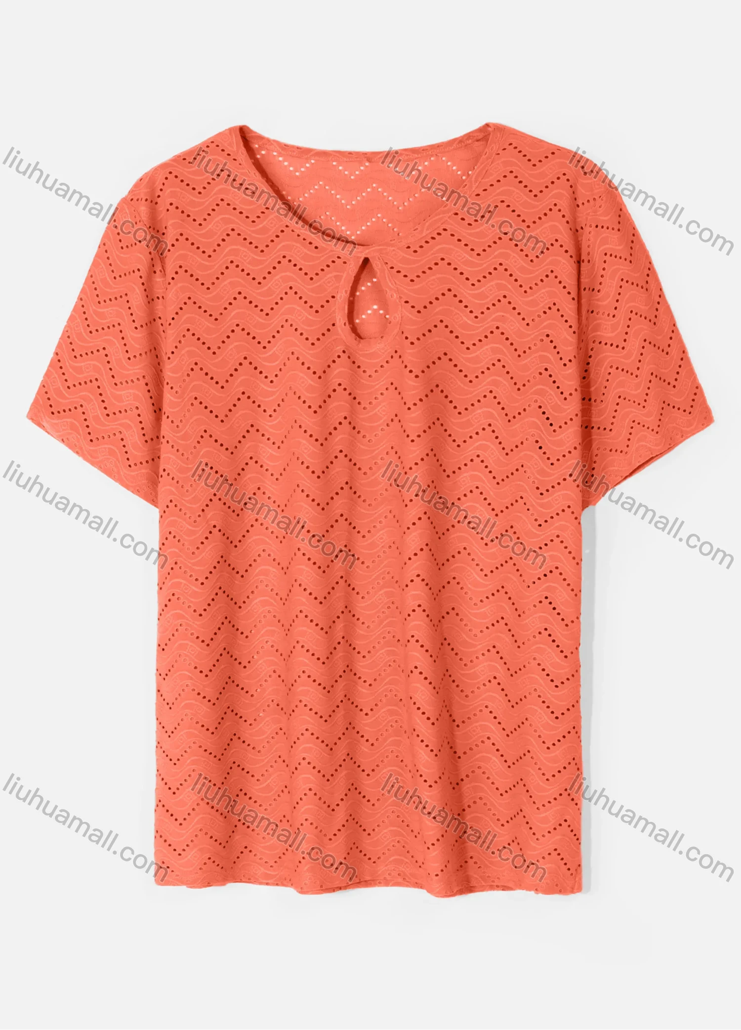 Wholesale Women's Casual Round Neck Short Sleeve Eyelet Embroidered Hollow Out Plain T-Shirt - Liuhuamall