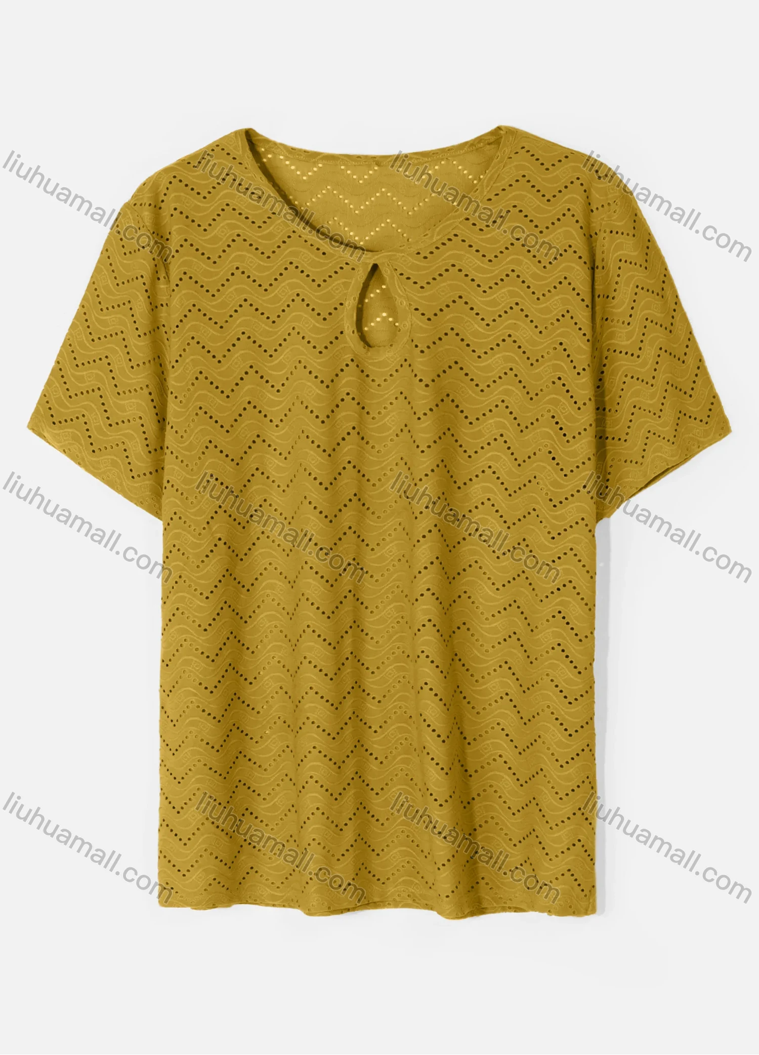 Wholesale Women's Casual Round Neck Short Sleeve Eyelet Embroidered Hollow Out Plain T-Shirt - Liuhuamall