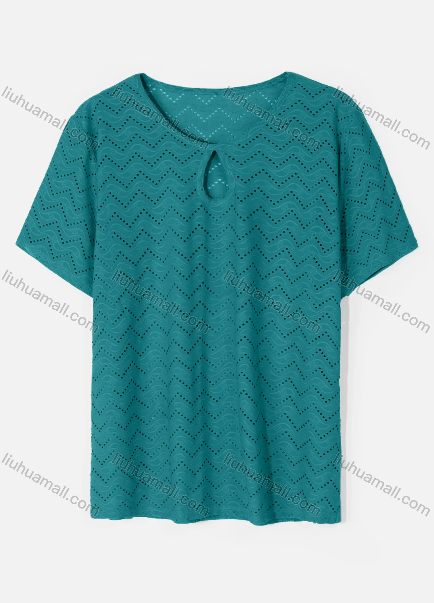 Wholesale Women's Casual Round Neck Short Sleeve Eyelet Embroidered Hollow Out Plain T-Shirt - Liuhuamall