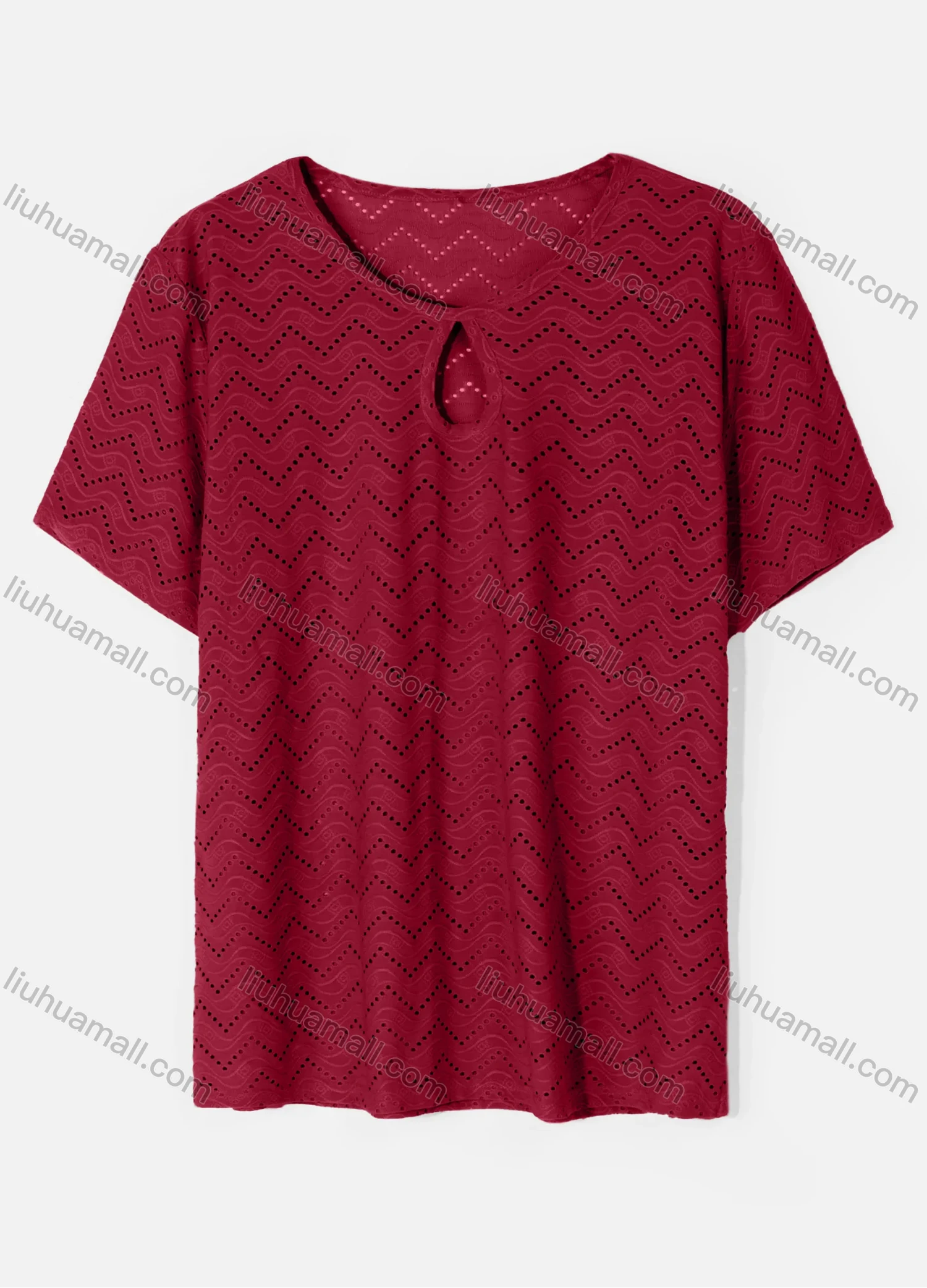 Wholesale Women's Casual Round Neck Short Sleeve Eyelet Embroidered Hollow Out Plain T-Shirt - Liuhuamall