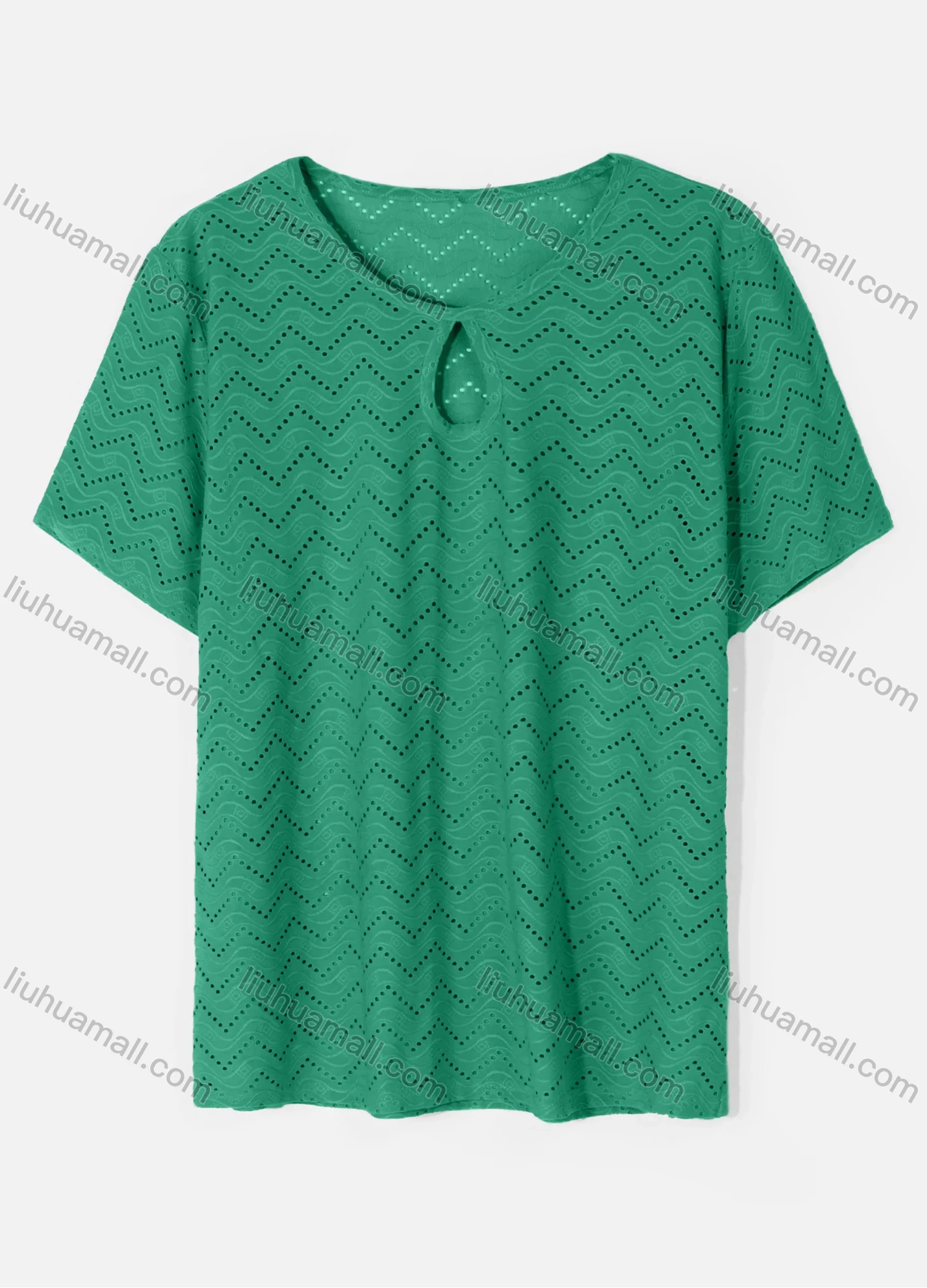 Wholesale Women's Casual Round Neck Short Sleeve Eyelet Embroidered Hollow Out Plain T-Shirt - Liuhuamall