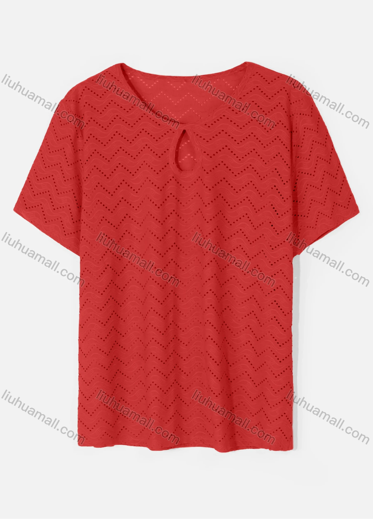 Wholesale Women's Casual Round Neck Short Sleeve Eyelet Embroidered Hollow Out Plain T-Shirt - Liuhuamall