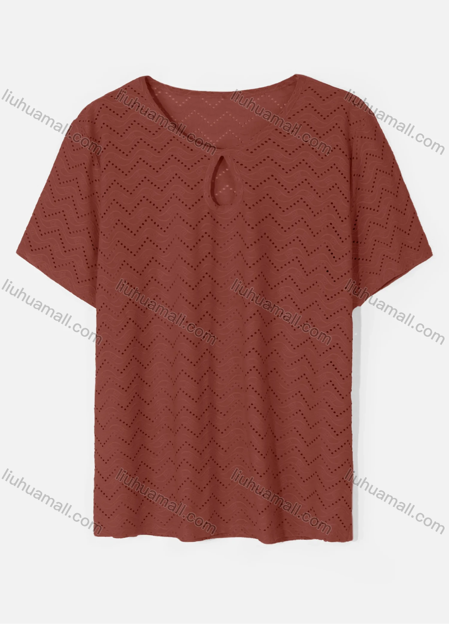 Wholesale Women's Casual Round Neck Short Sleeve Eyelet Embroidered Hollow Out Plain T-Shirt - Liuhuamall