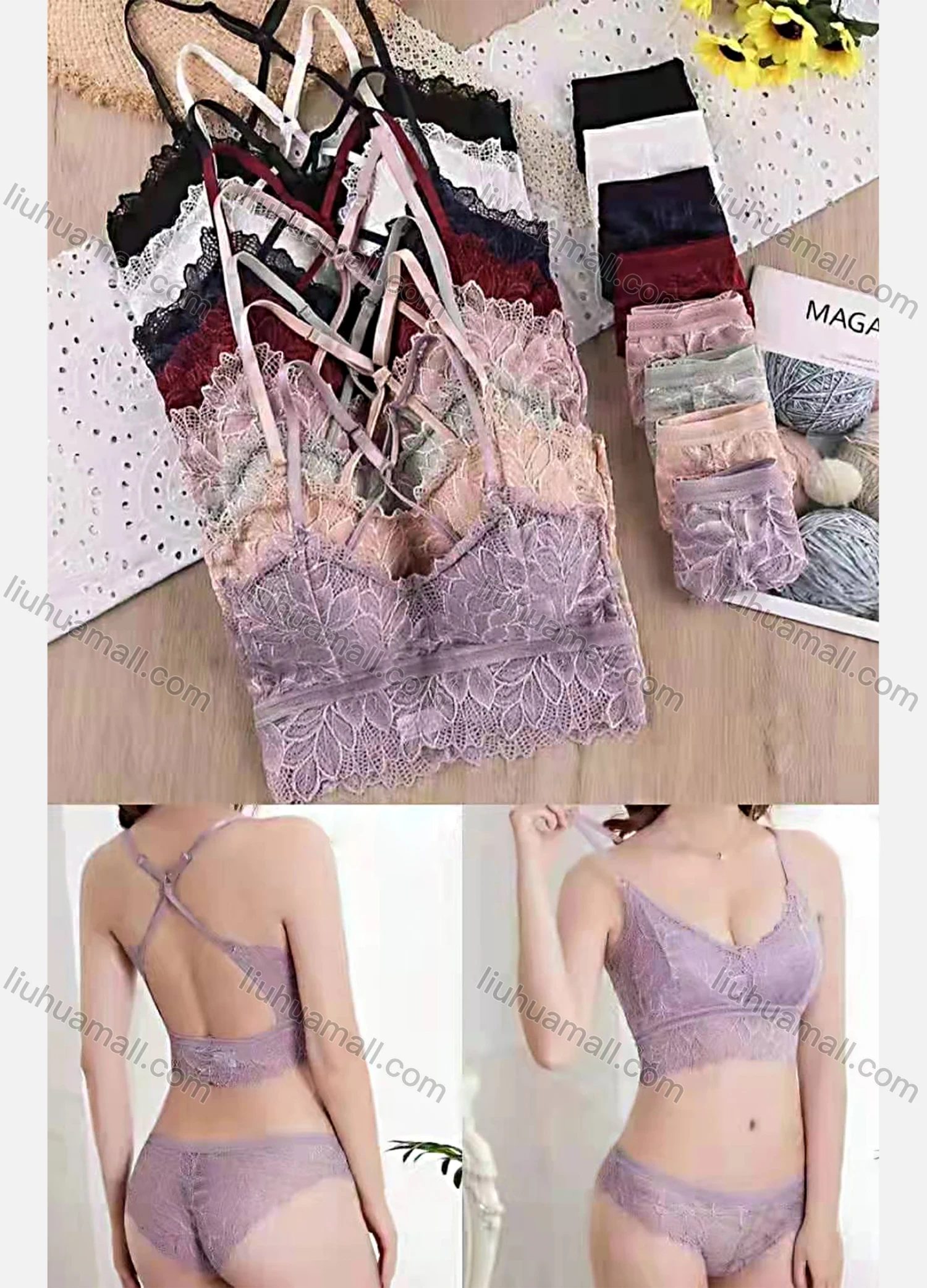 Wholesale Women's Plain Lace Embroidery Comfortable Thin Cup Bra Pantie Lingerie Set - Liuhuamall