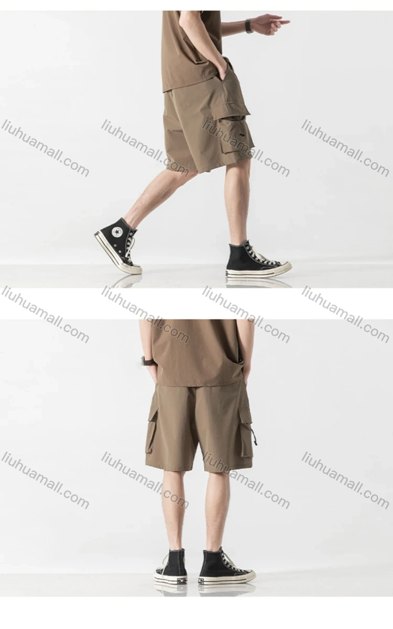 Wholesale Men's Casual Plain Elastic Waist Drawstring Flap Pockets Shorts - Liuhuamall