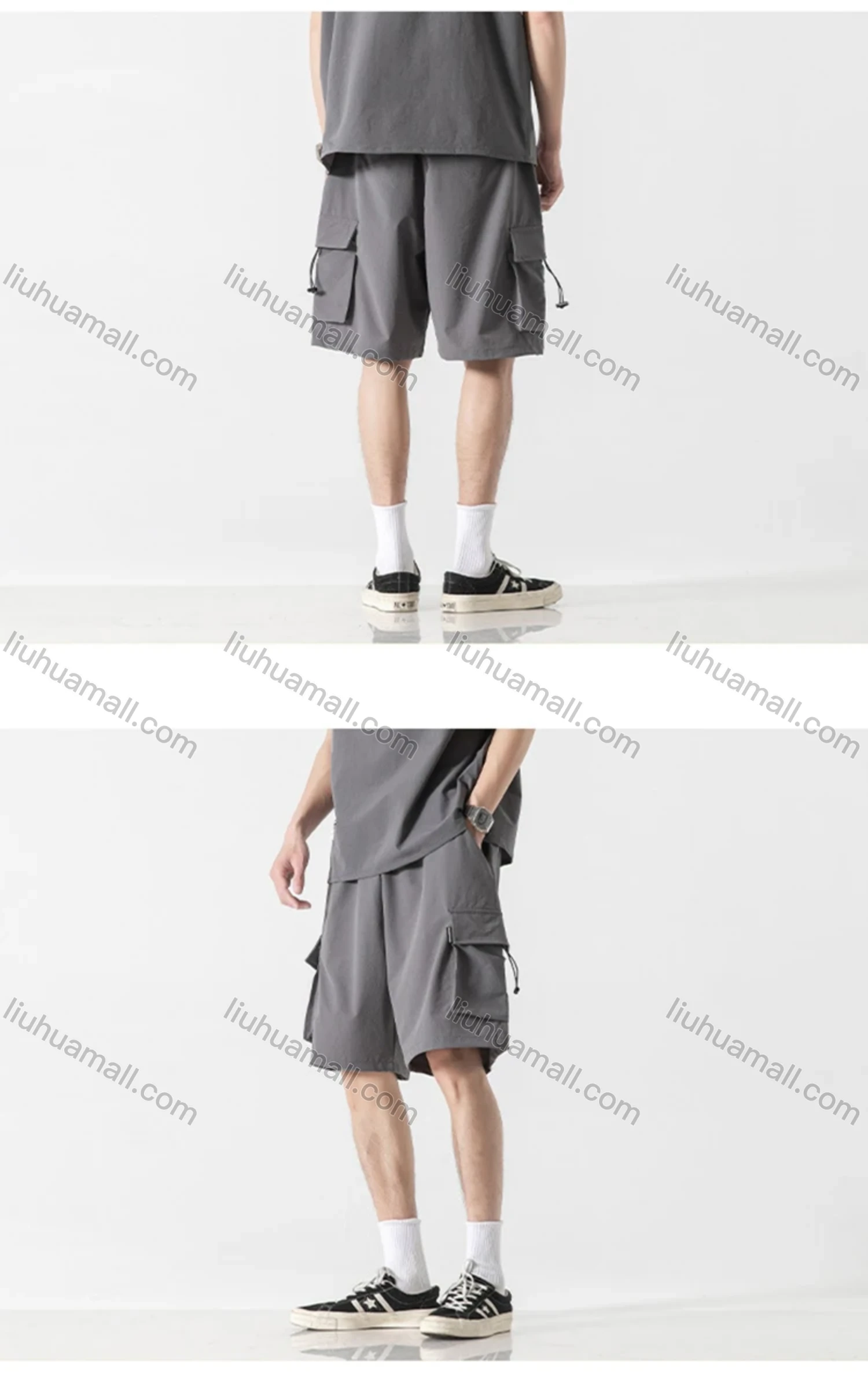 Wholesale Men's Casual Plain Elastic Waist Drawstring Flap Pockets Shorts - Liuhuamall