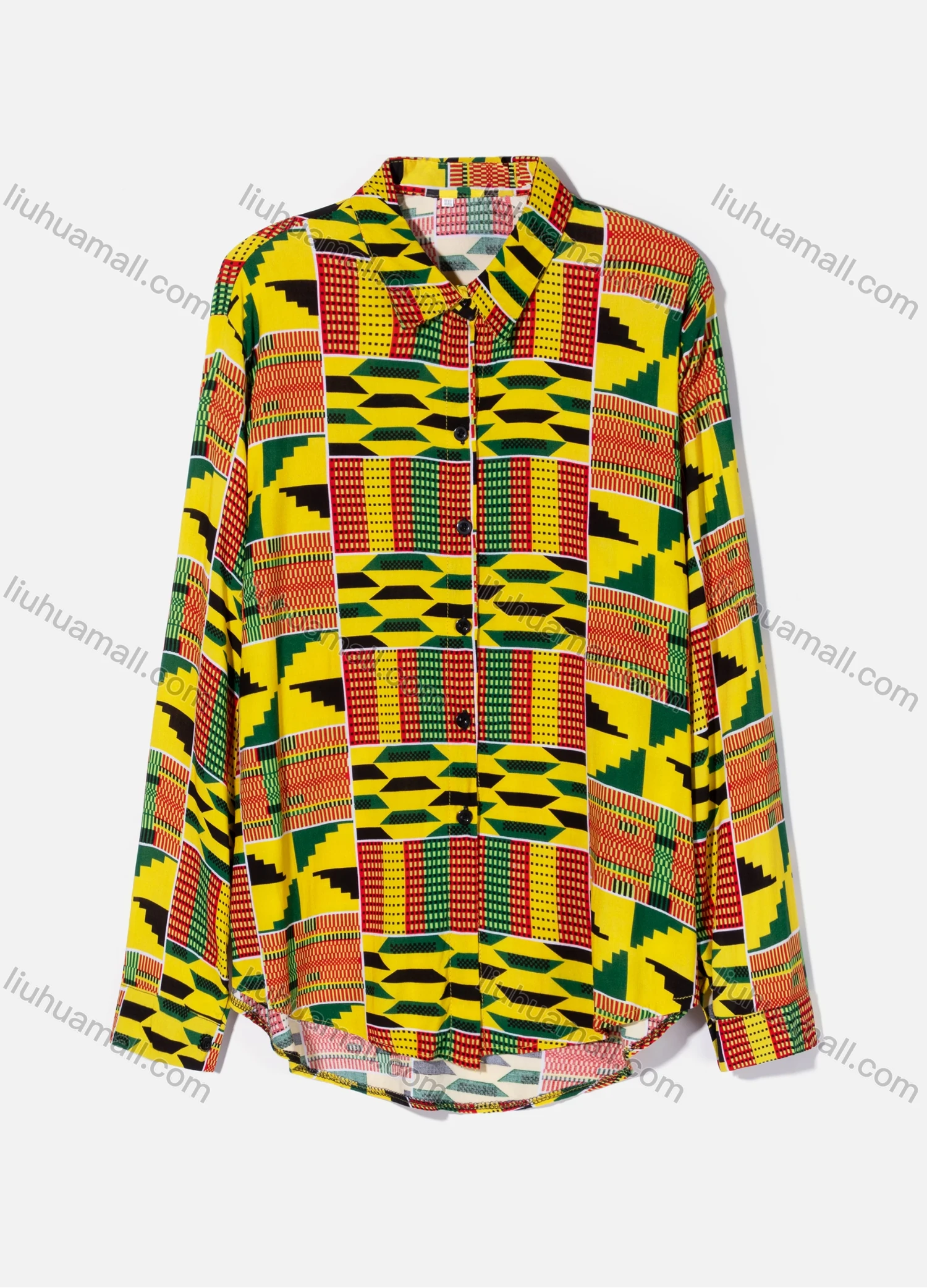 Wholesale Women's Plus Size Fashion Long Sleeve Button Down Allover Geo & Patchwork Print Shirt - Liuhuamall