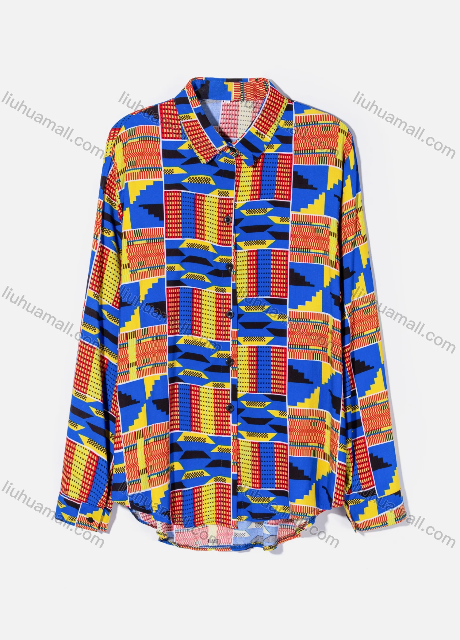 Wholesale Women's Plus Size Fashion Long Sleeve Button Down Allover Geo & Patchwork Print Shirt - Liuhuamall