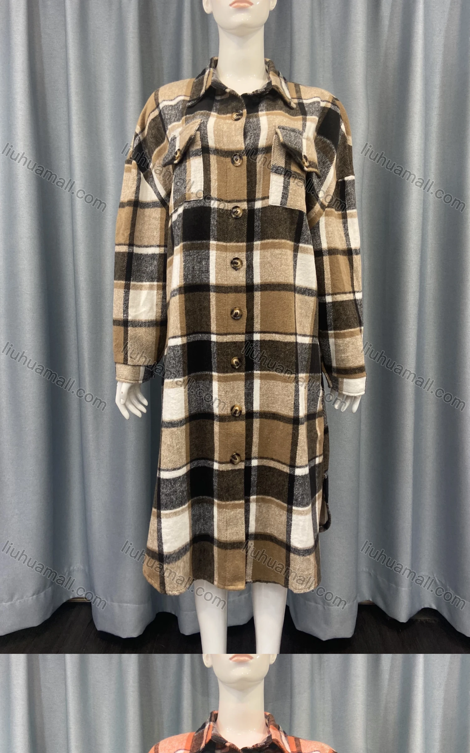 Wholesale Women's Casual Plaid Print Long Sleeve Button Down Flap Pockets Midi Shirt Dress - Liuhuamall