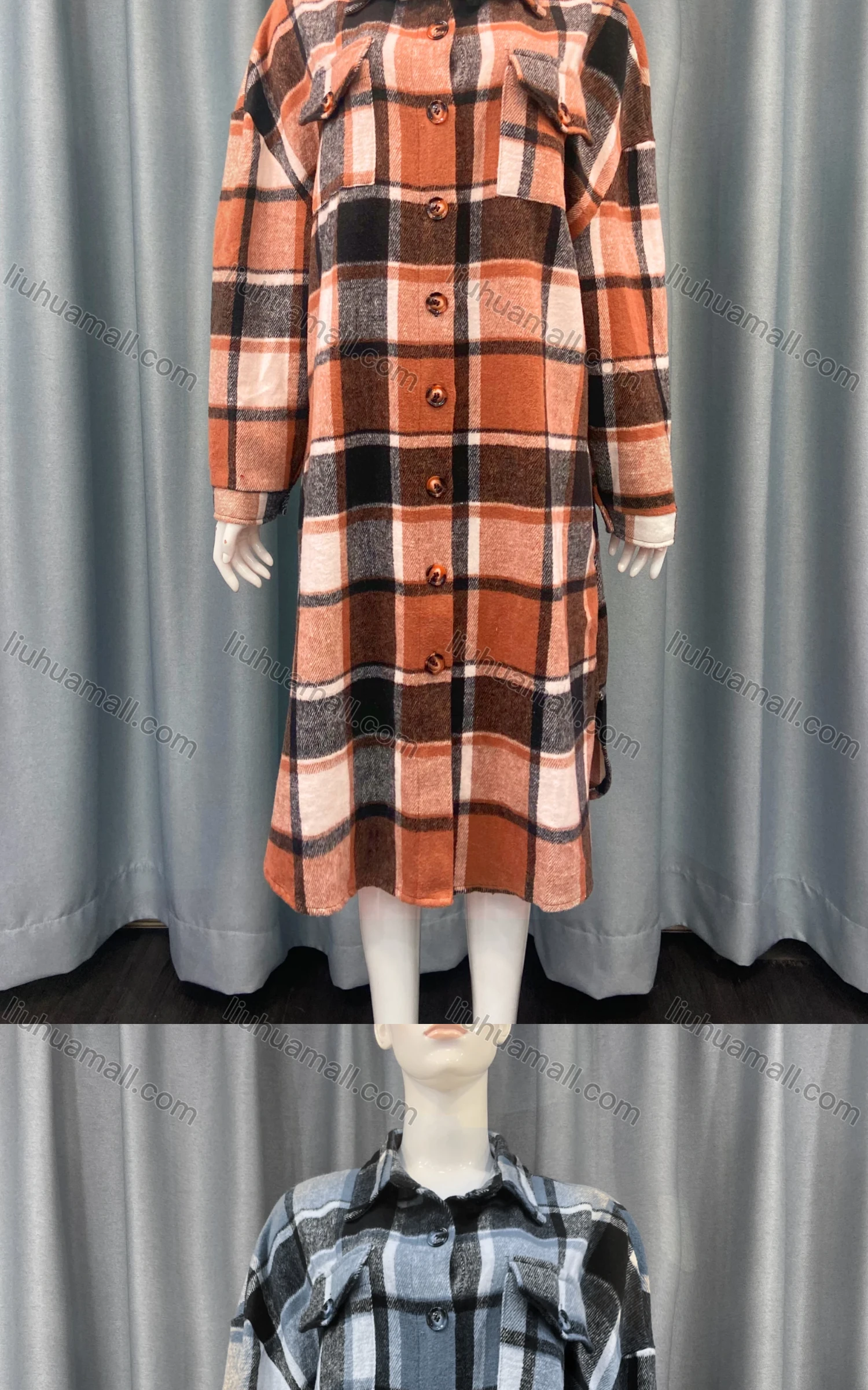 Wholesale Women's Casual Plaid Print Long Sleeve Button Down Flap Pockets Midi Shirt Dress - Liuhuamall