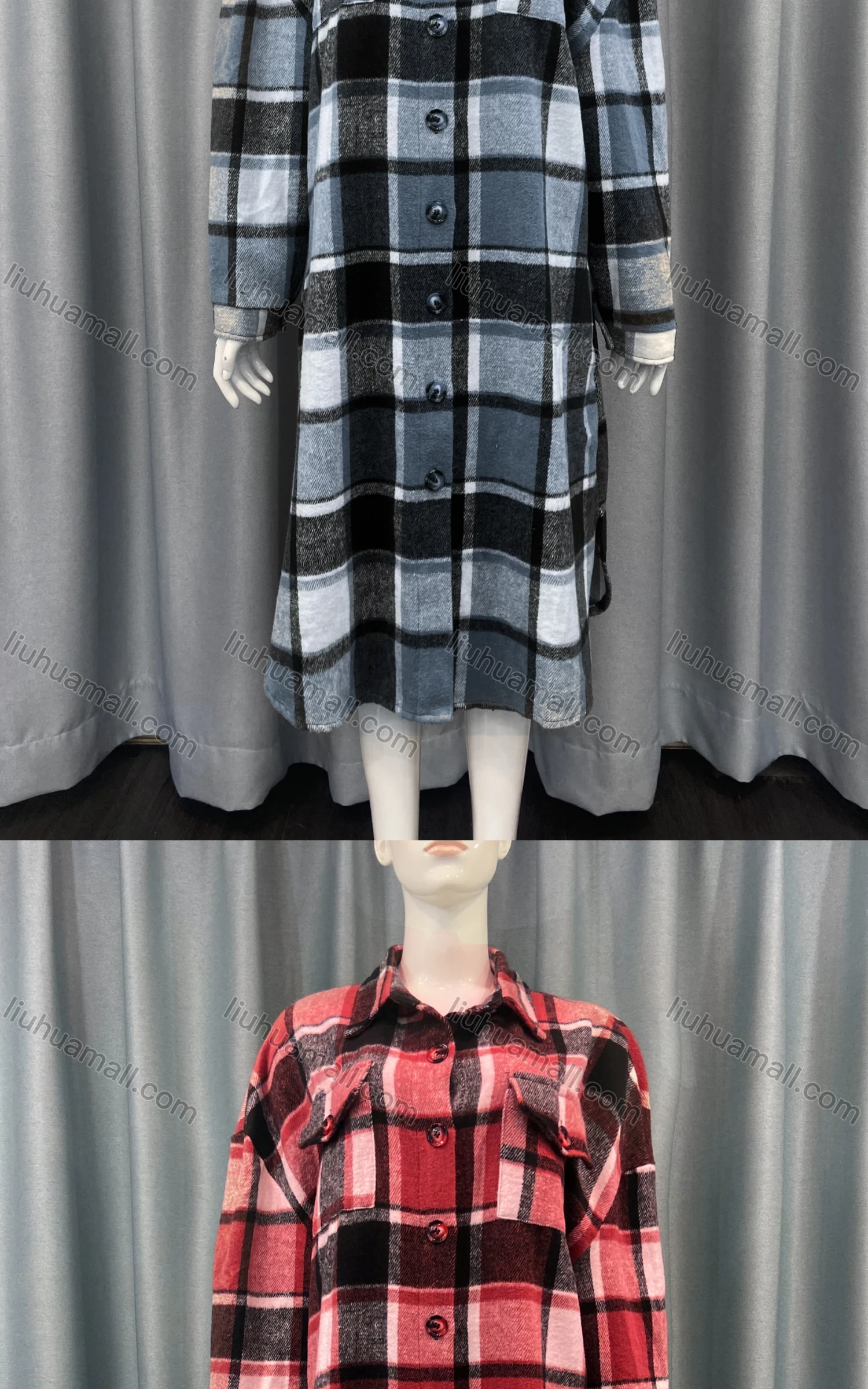Wholesale Women's Casual Plaid Print Long Sleeve Button Down Flap Pockets Midi Shirt Dress - Liuhuamall