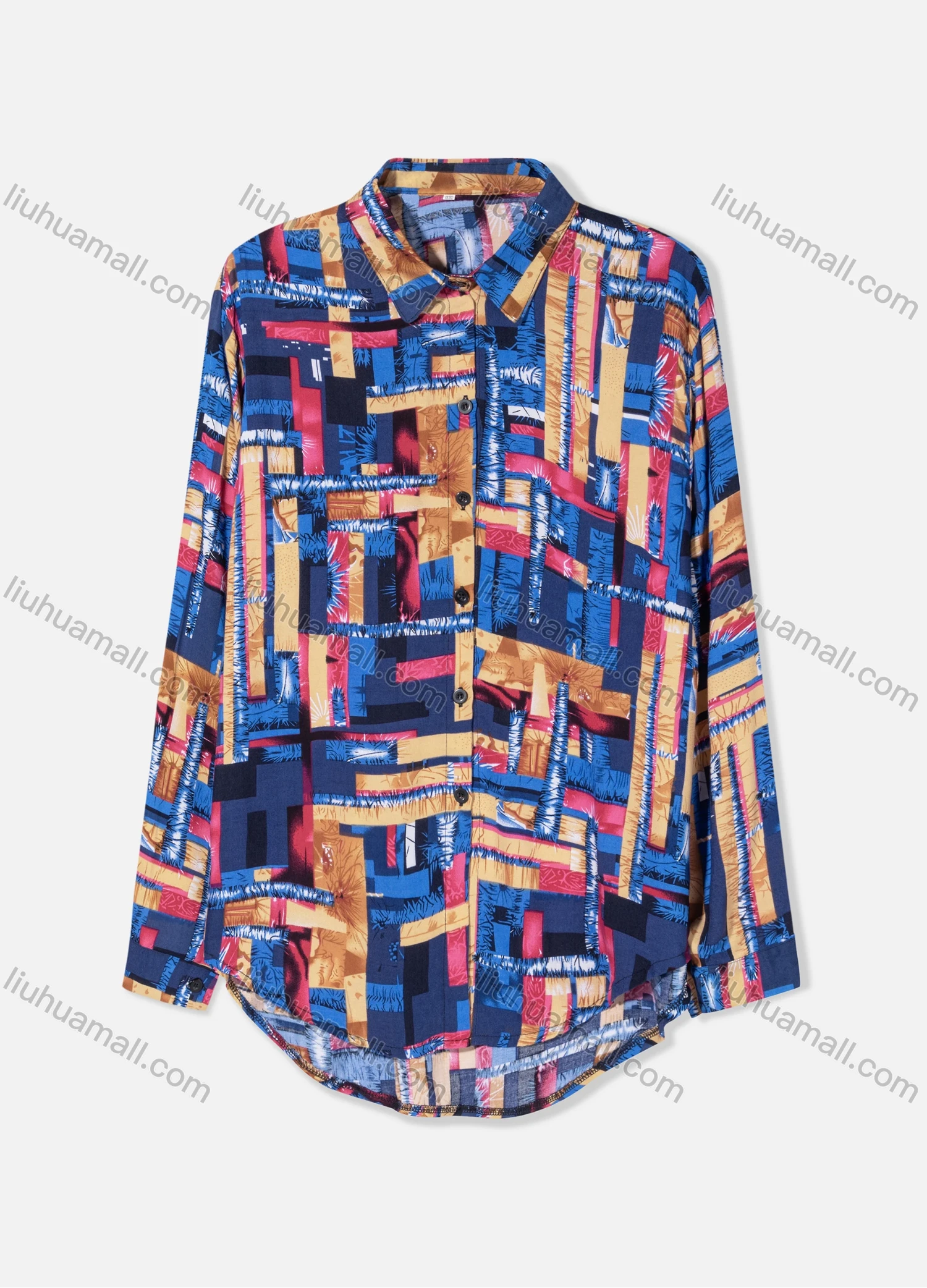 Wholesale Women's Plus Size Fashion Long Sleeve Button Down Geo & Patchwork Print Shirt - Liuhuamall
