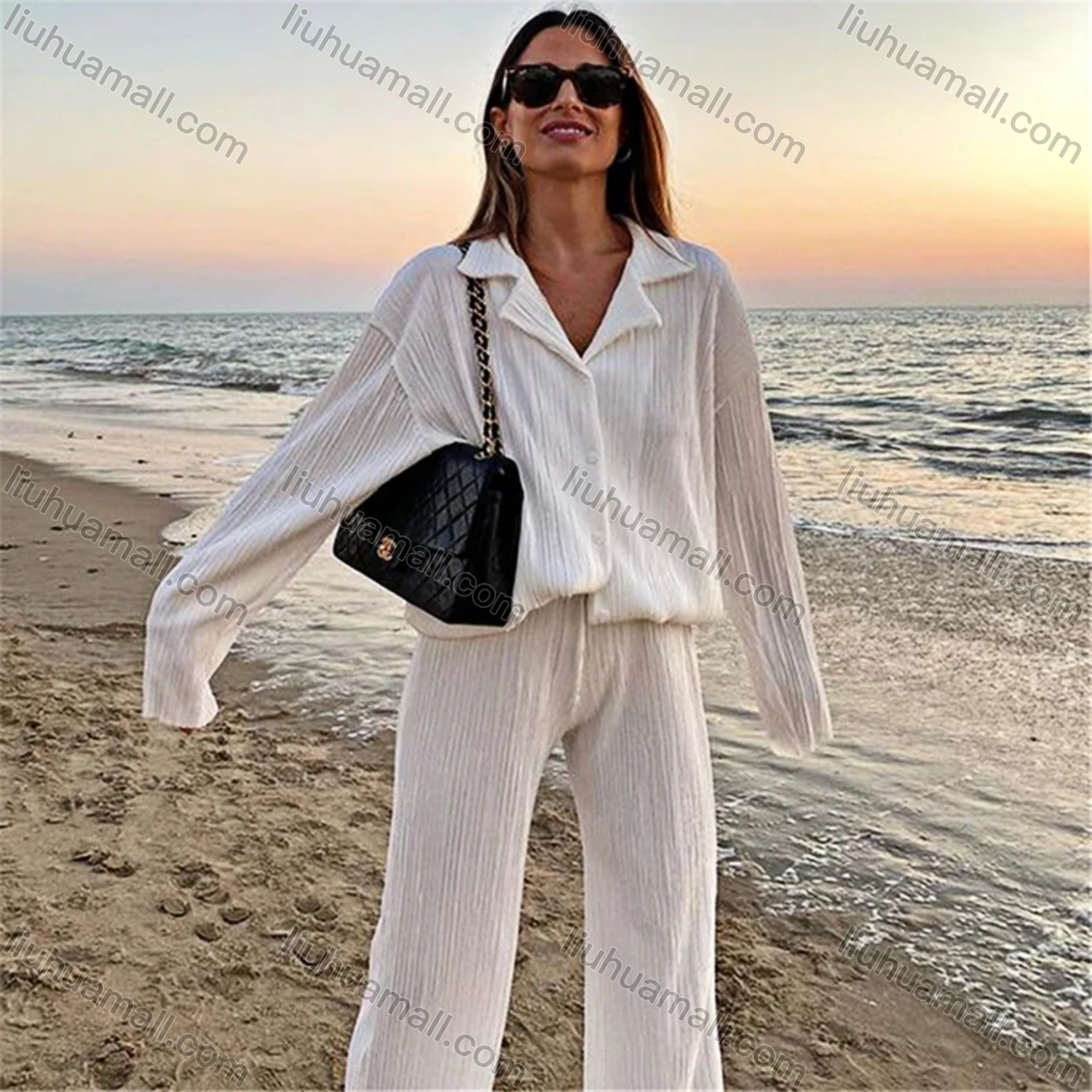Wholesale Women's Casual Plain Button Down Petal Hem Long Sleeve Blouse & Pants Set - Liuhuamall