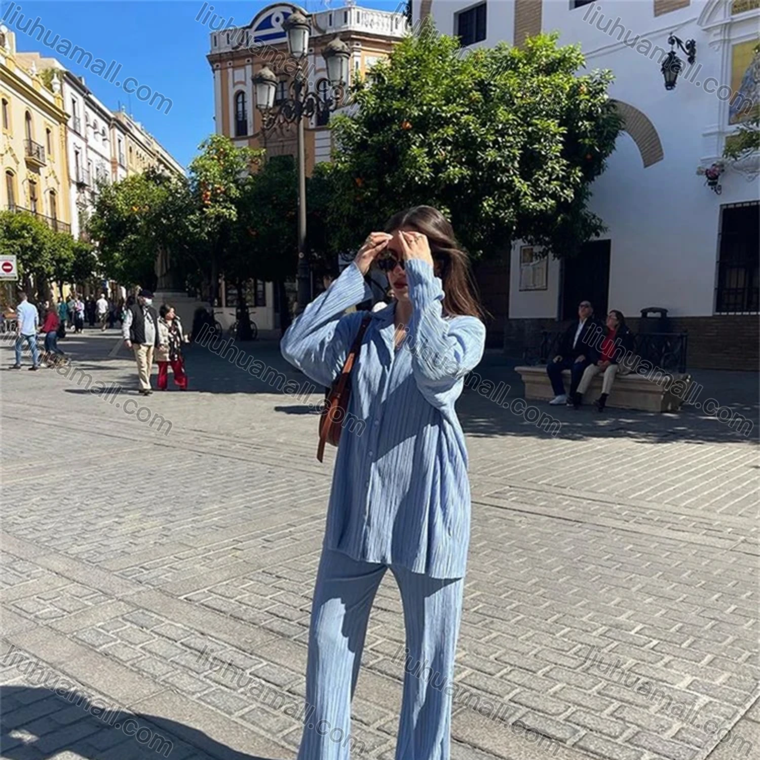 Wholesale Women's Casual Plain Button Down Petal Hem Long Sleeve Blouse & Pants Set - Liuhuamall