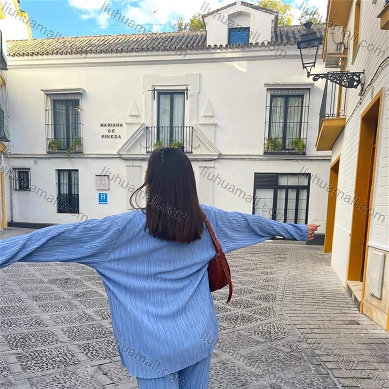 Wholesale Women's Casual Plain Button Down Petal Hem Long Sleeve Blouse & Pants Set - Liuhuamall