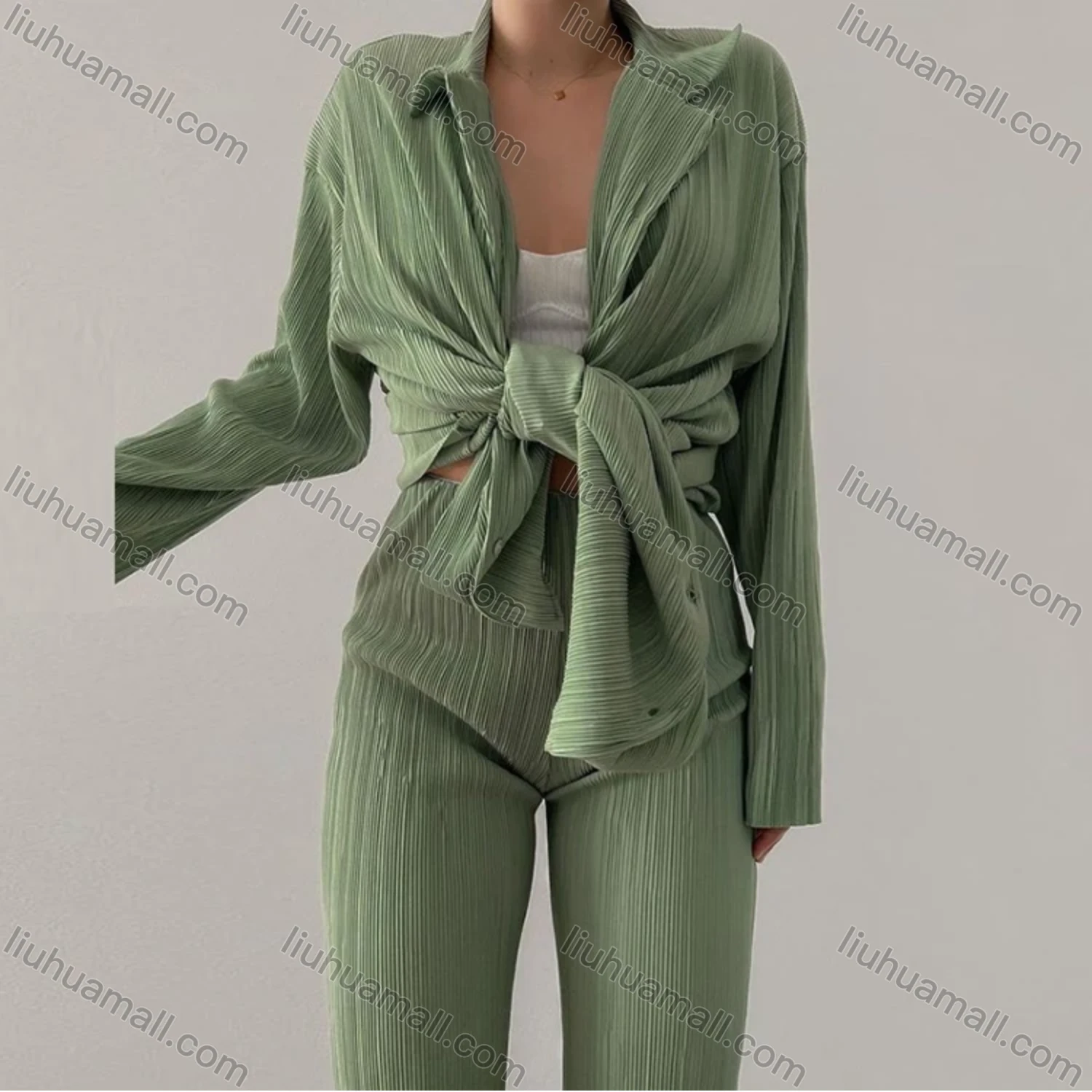 Wholesale Women's Casual Plain Button Down Petal Hem Long Sleeve Blouse & Pants Set - Liuhuamall