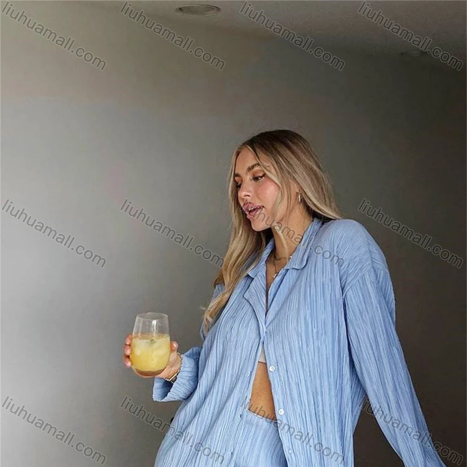 Wholesale Women's Casual Plain Button Down Petal Hem Long Sleeve Blouse & Pants Set - Liuhuamall