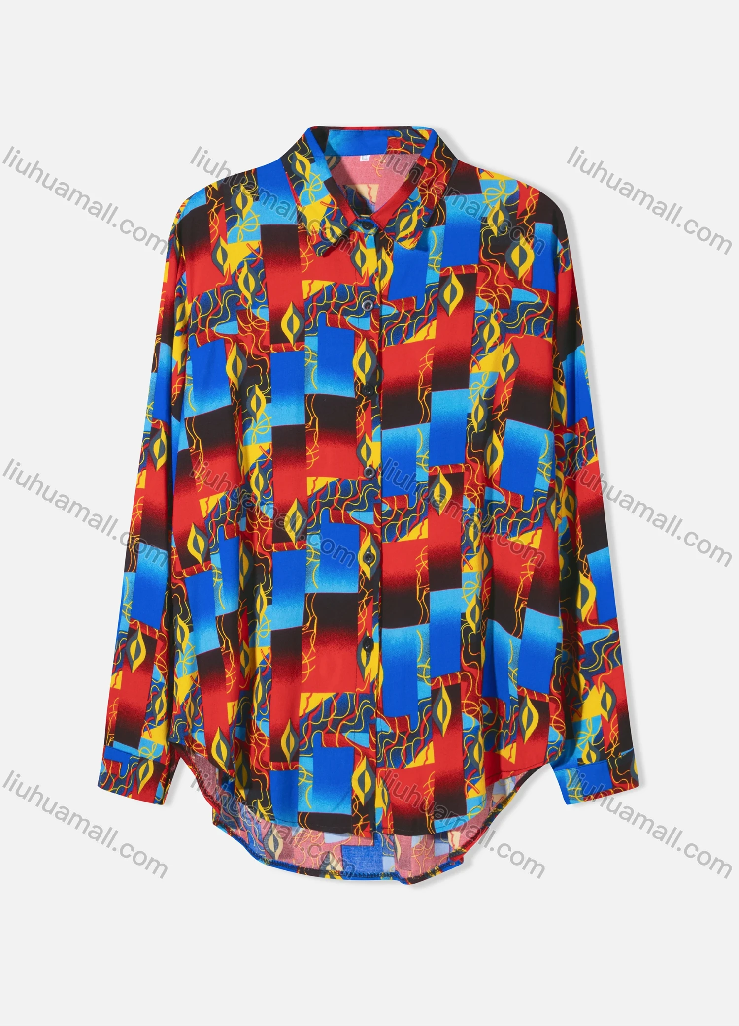 Wholesale Women's Plus Size Fashion Long Sleeve Button Down Abstract Splicing Print Shirt - Liuhuamall
