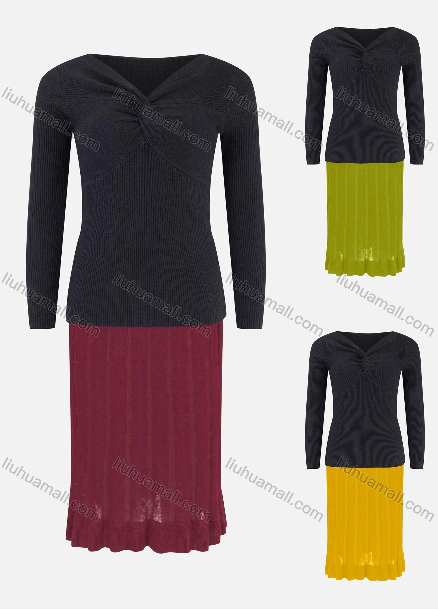 Wholesale Women's Casual V Neck Plain Knit Blouse & Cable Knit Pleated Skirt 2 Piece Set 22102-1520# - Liuhuamall