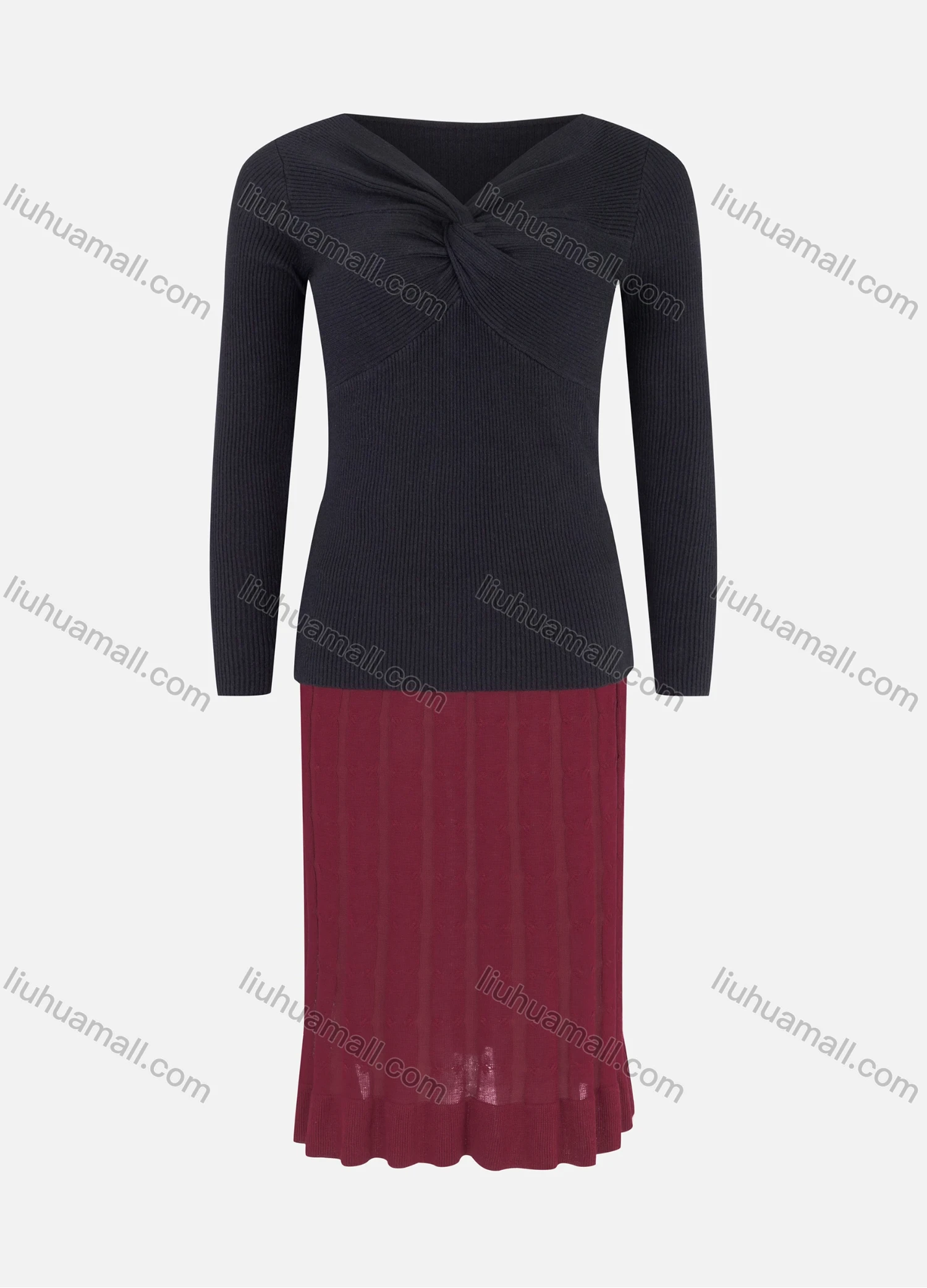 Wholesale Women's Casual V Neck Plain Knit Blouse & Cable Knit Pleated Skirt 2 Piece Set 22102-1520# - Liuhuamall