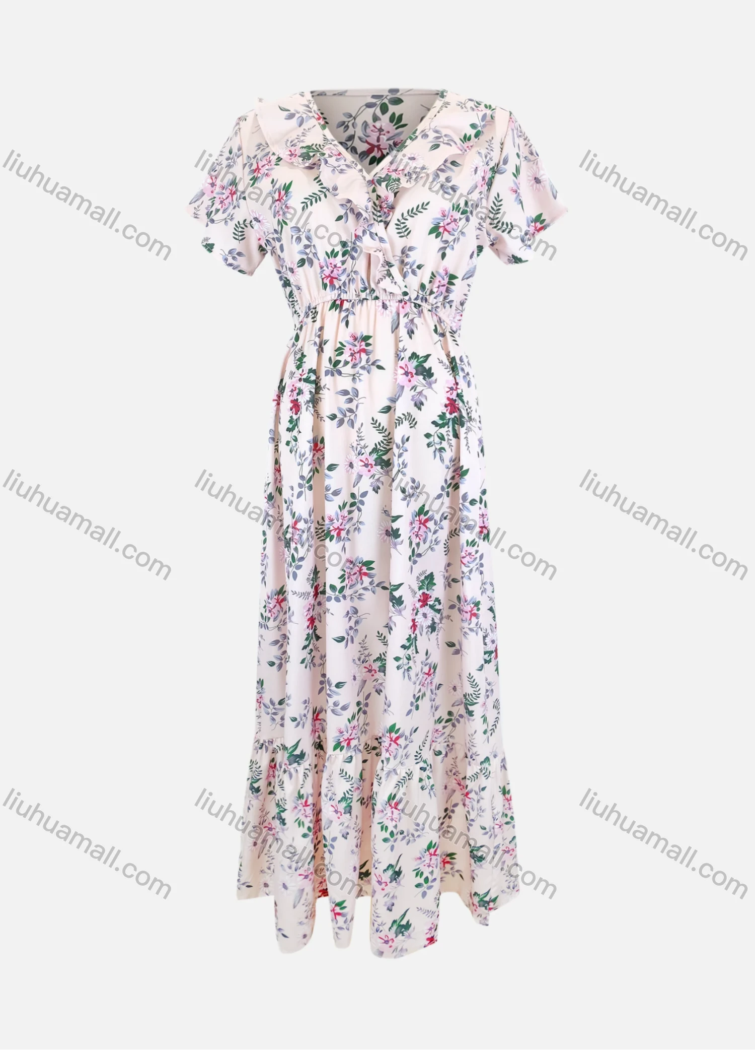 Wholesale Women's Elegant Short Sleeve V Neck Ruffle Trim Floral Print Maxi Dress LS3004# - Liuhuamall