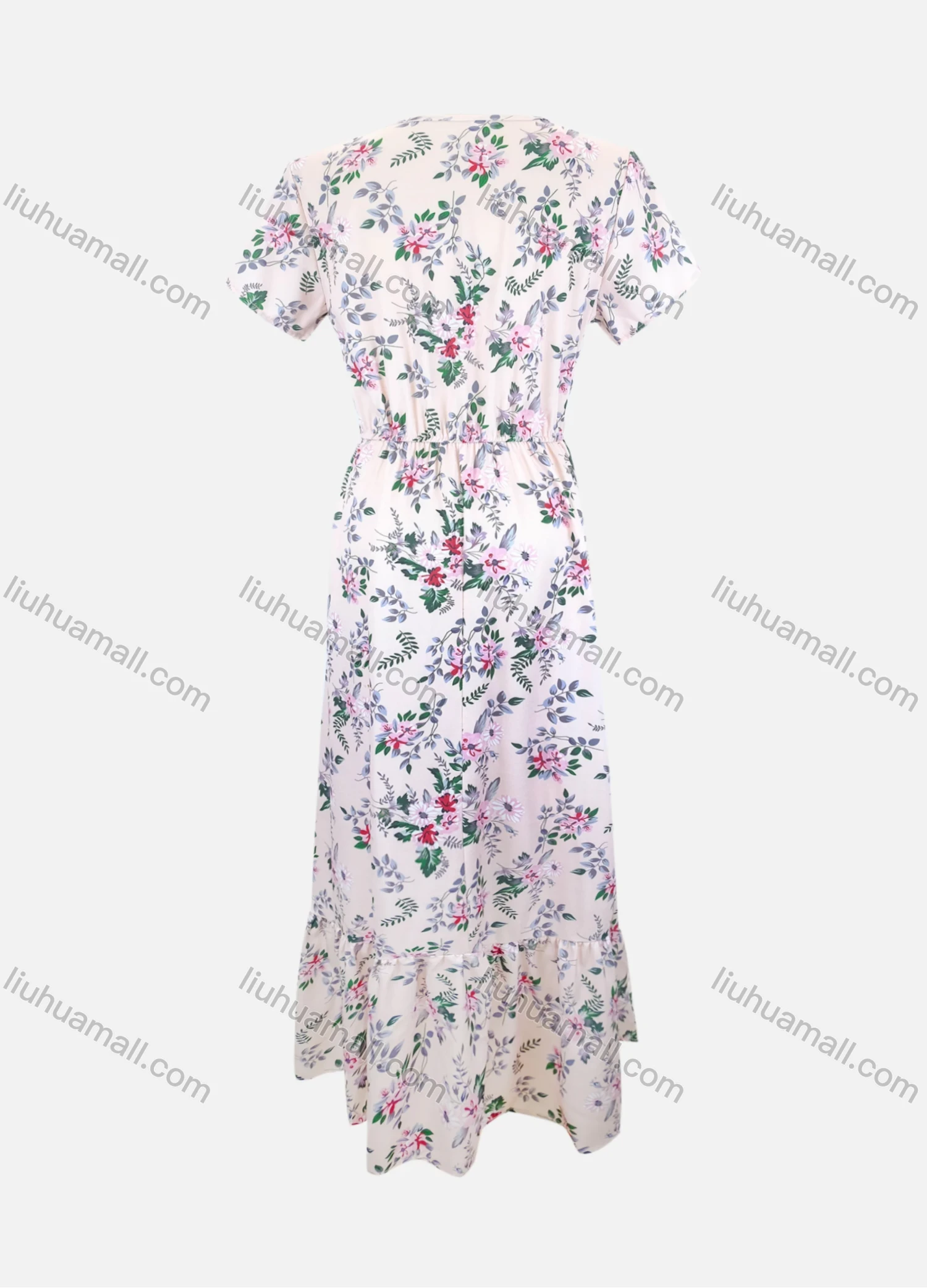 Wholesale Women's Elegant Short Sleeve V Neck Ruffle Trim Floral Print Maxi Dress LS3004# - Liuhuamall