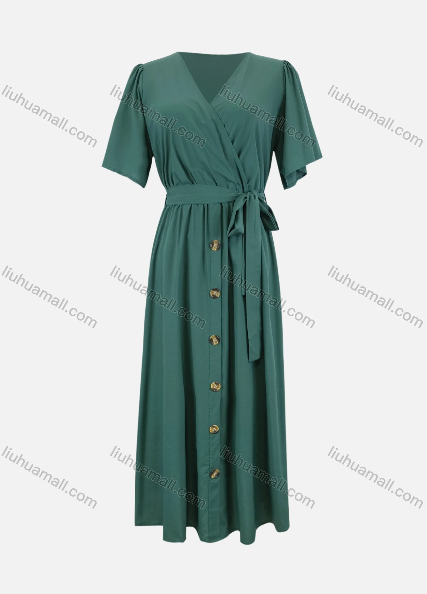 Wholesale Women's Casual Short Sleeve Wrap V Neck Button Front Ruched Plain Maxi Dress With Belt LS3010# - Liuhuamall
