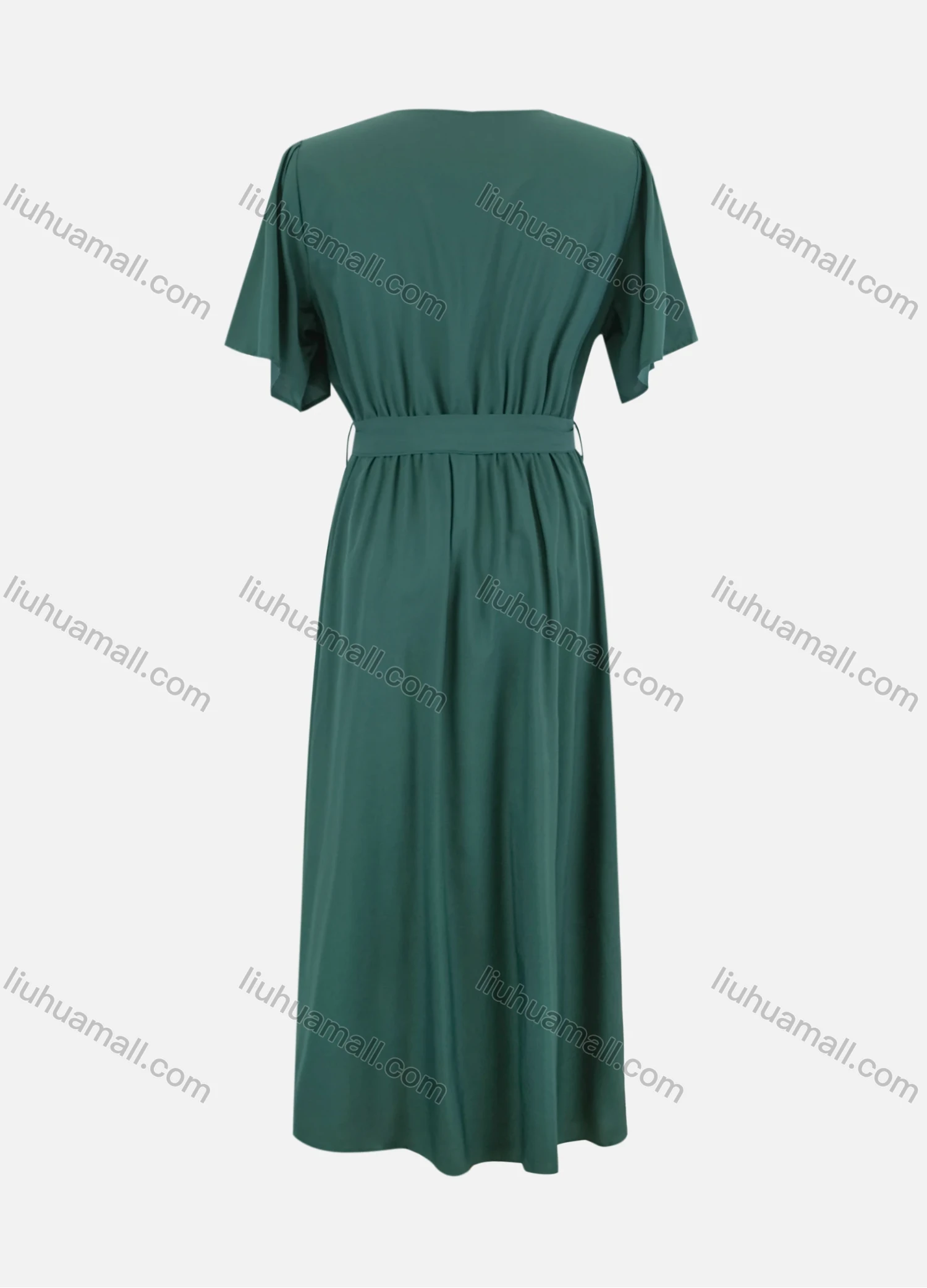 Wholesale Women's Casual Short Sleeve Wrap V Neck Button Front Ruched Plain Maxi Dress With Belt LS3010# - Liuhuamall