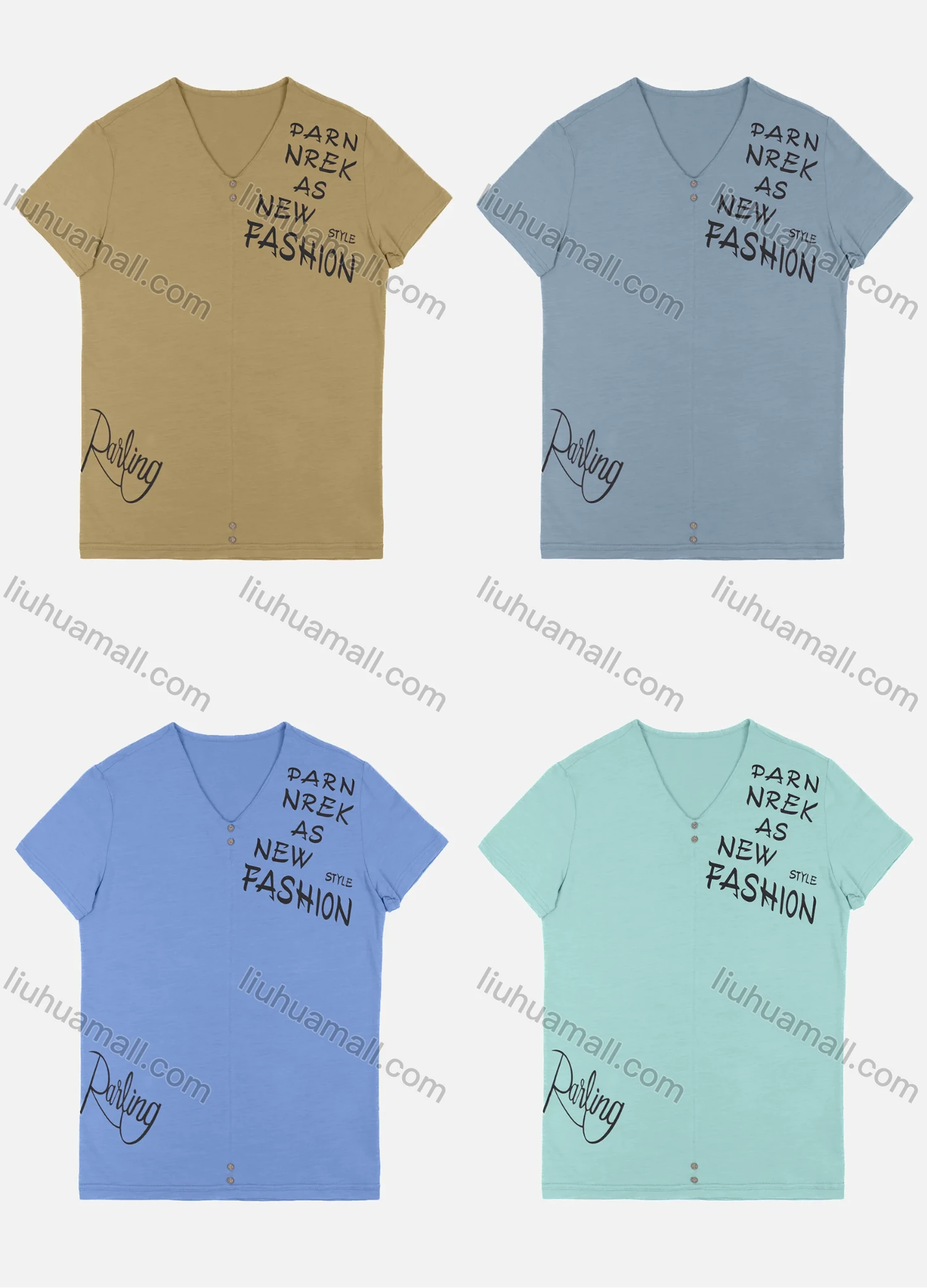 Wholesale Men's Casual Short Sleeve V Neck Button Decor Letter Print T-shirts MS2022# - Liuhuamall