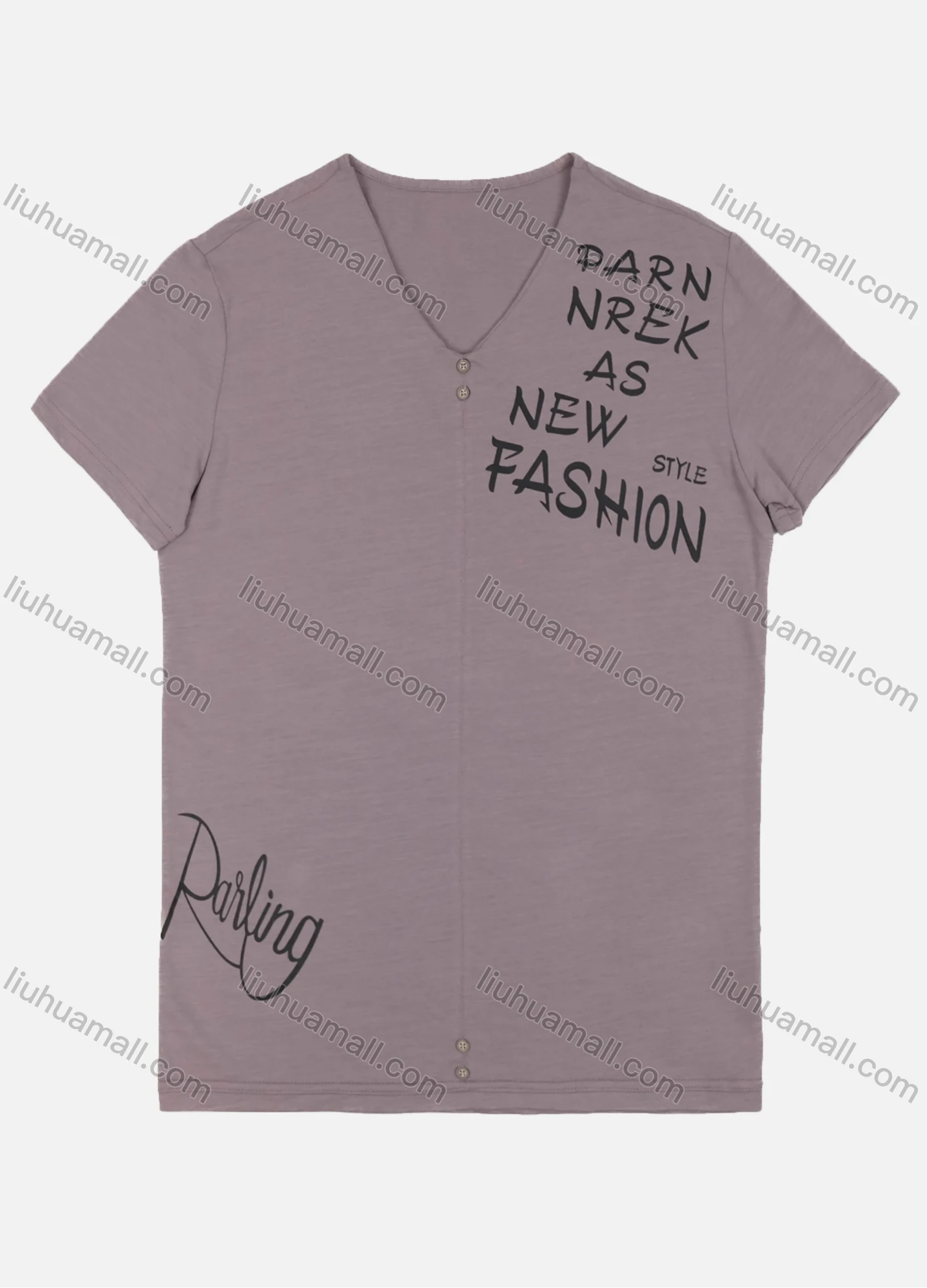 Wholesale Men's Casual Short Sleeve V Neck Button Decor Letter Print T-shirts MS2022# - Liuhuamall
