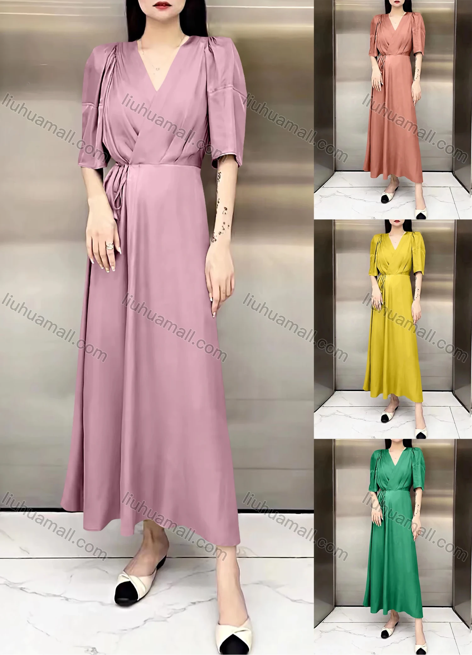 Wholesale Women's Casual Plain Wrap V Neck Ruched Drawstring Ruffle Hem Maxi Dress - Liuhuamall
