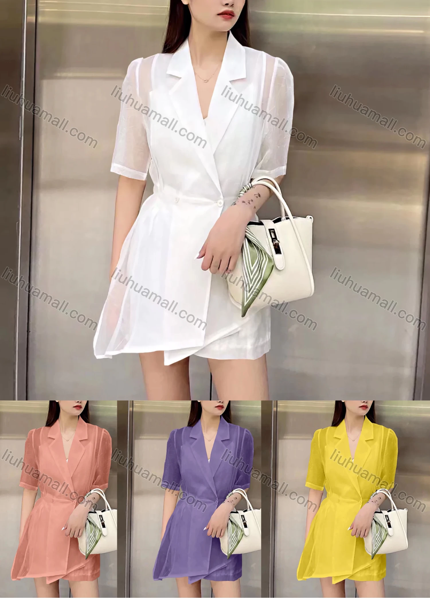 Wholesale Women's Casual Plain Lapel Button Front Asymmetrical Hem Short Dress - Liuhuamall