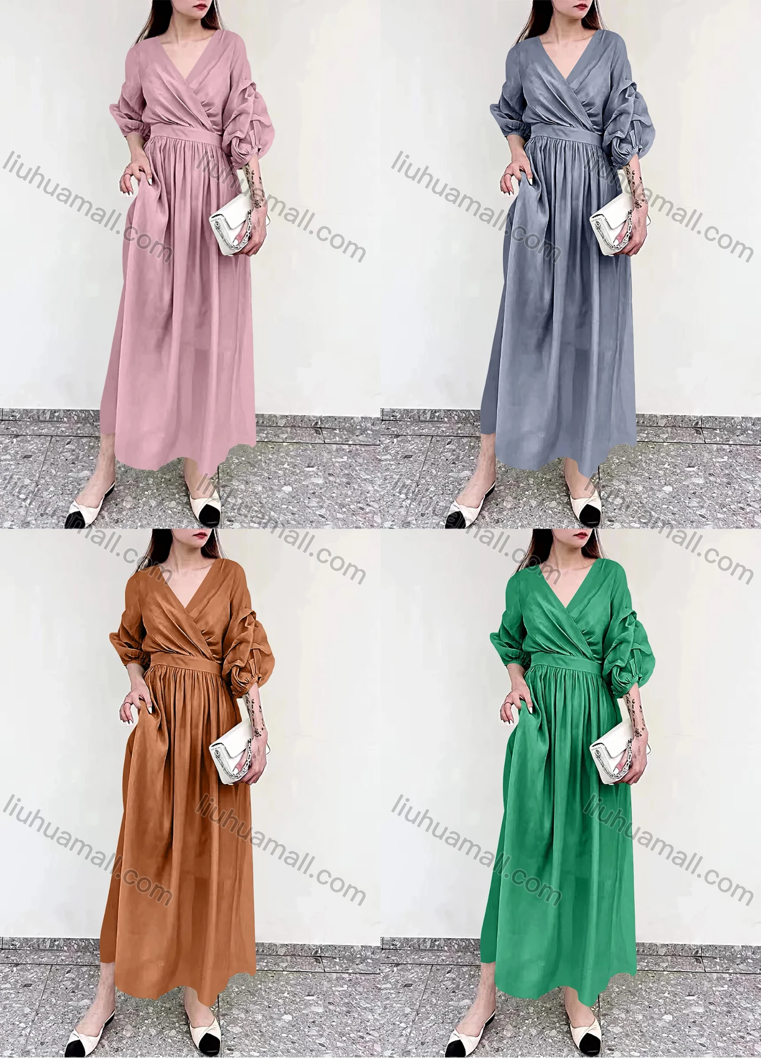 Wholesale Women's Casual Plain Wrap V Neck Ruched Ruffle Hem Midi Dress - Liuhuamall