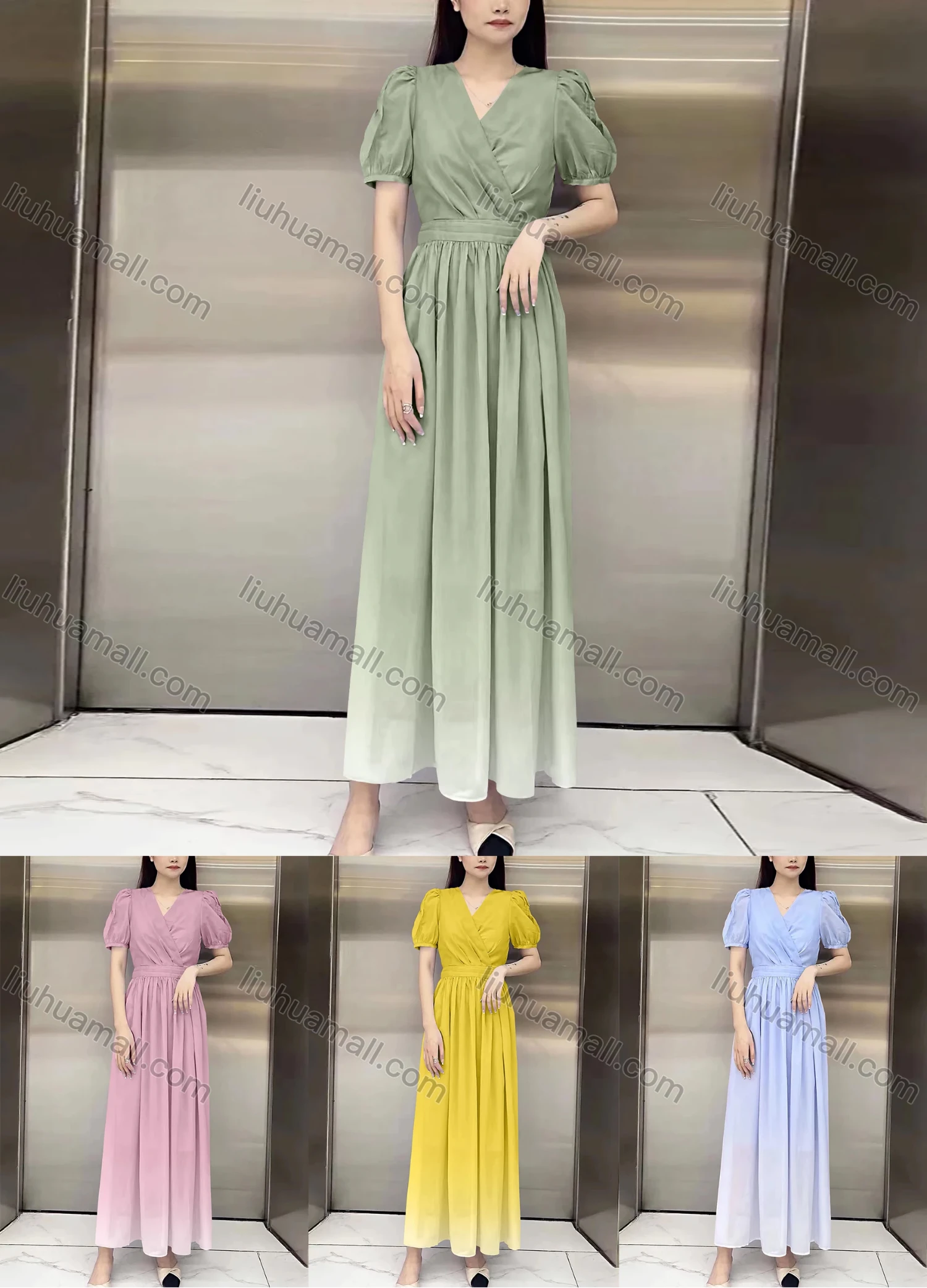 Wholesale Women's Casual Plain Wrap V Neck Puff Sleeve Ruffle Hem Maxi Dress - Liuhuamall