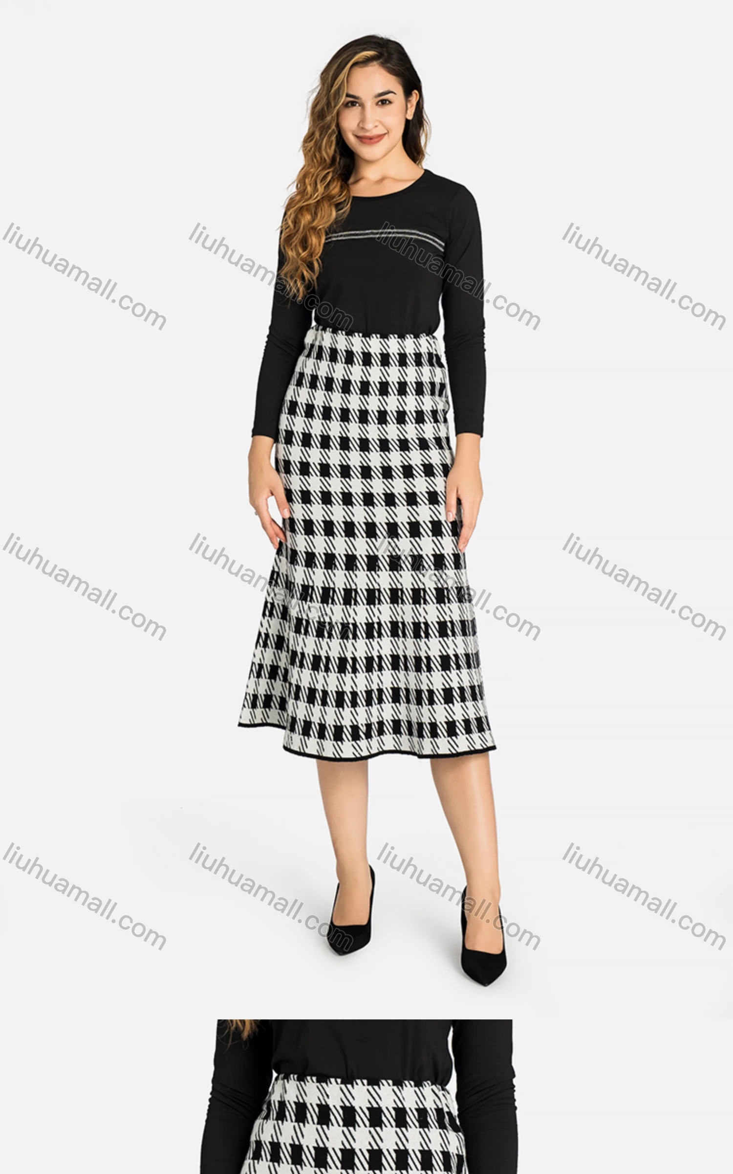 Wholesale Women's Casual Plaid Print Elastic Waist Midi Skirt 25600# - Liuhuamall