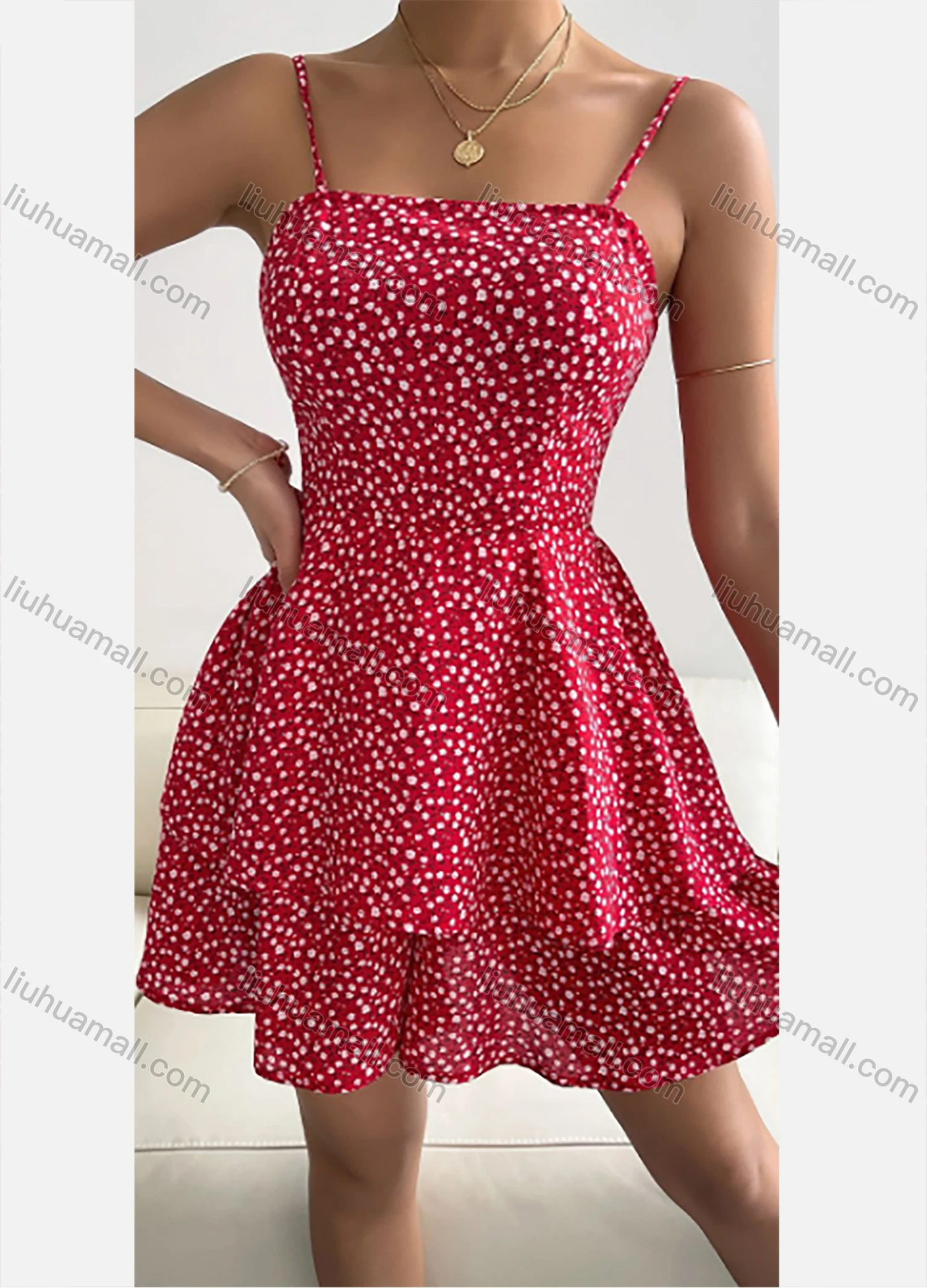 Wholesale Women's Spaghetti Strap Square Neck Tie Back High Waist Layered Floral Print Short Cami Dress LQB1137X# - Liuhuamall