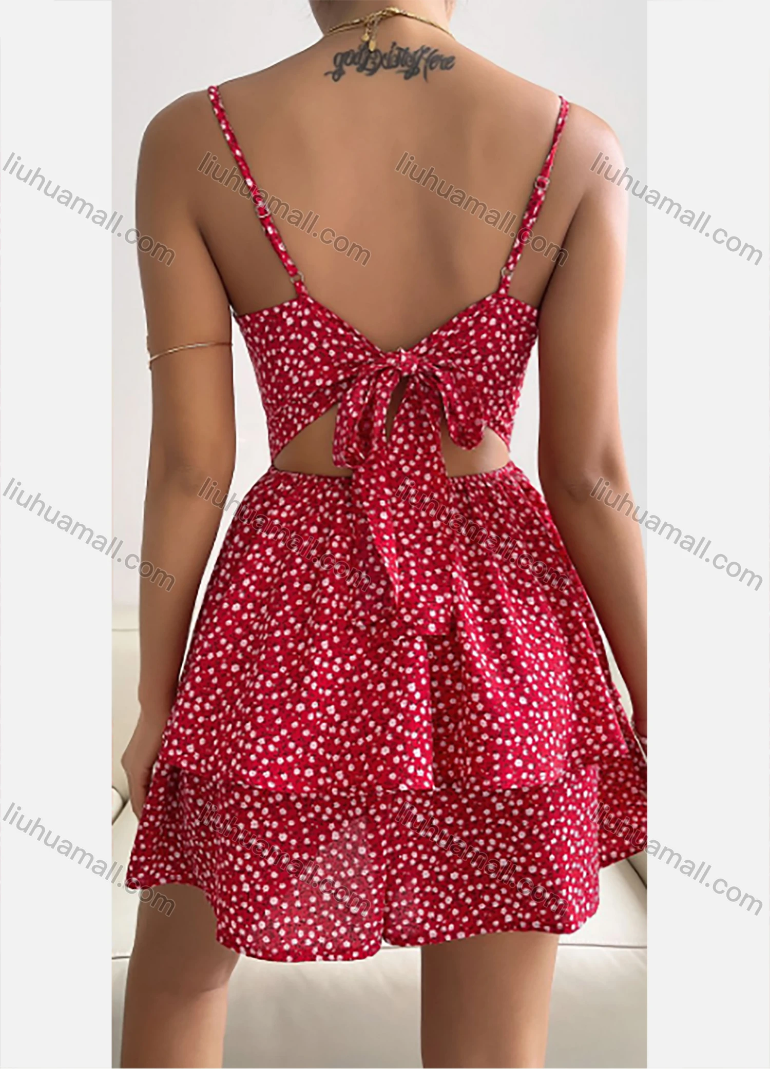 Wholesale Women's Spaghetti Strap Square Neck Tie Back High Waist Layered Floral Print Short Cami Dress LQB1137X# - Liuhuamall