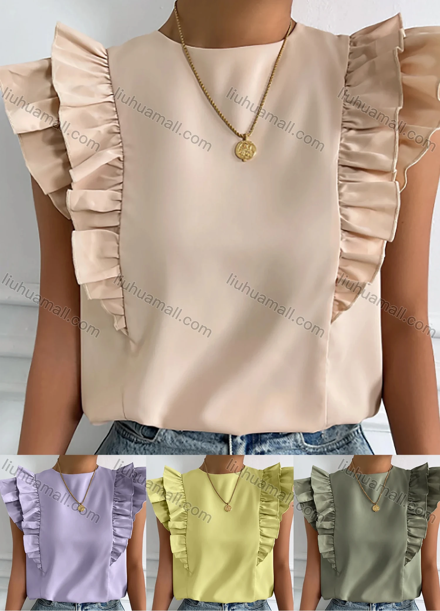 Wholesale Women's Fashion Round Neck Ruffle Sleeve Lace Up Plain Blouse LQX2688X# - Liuhuamall