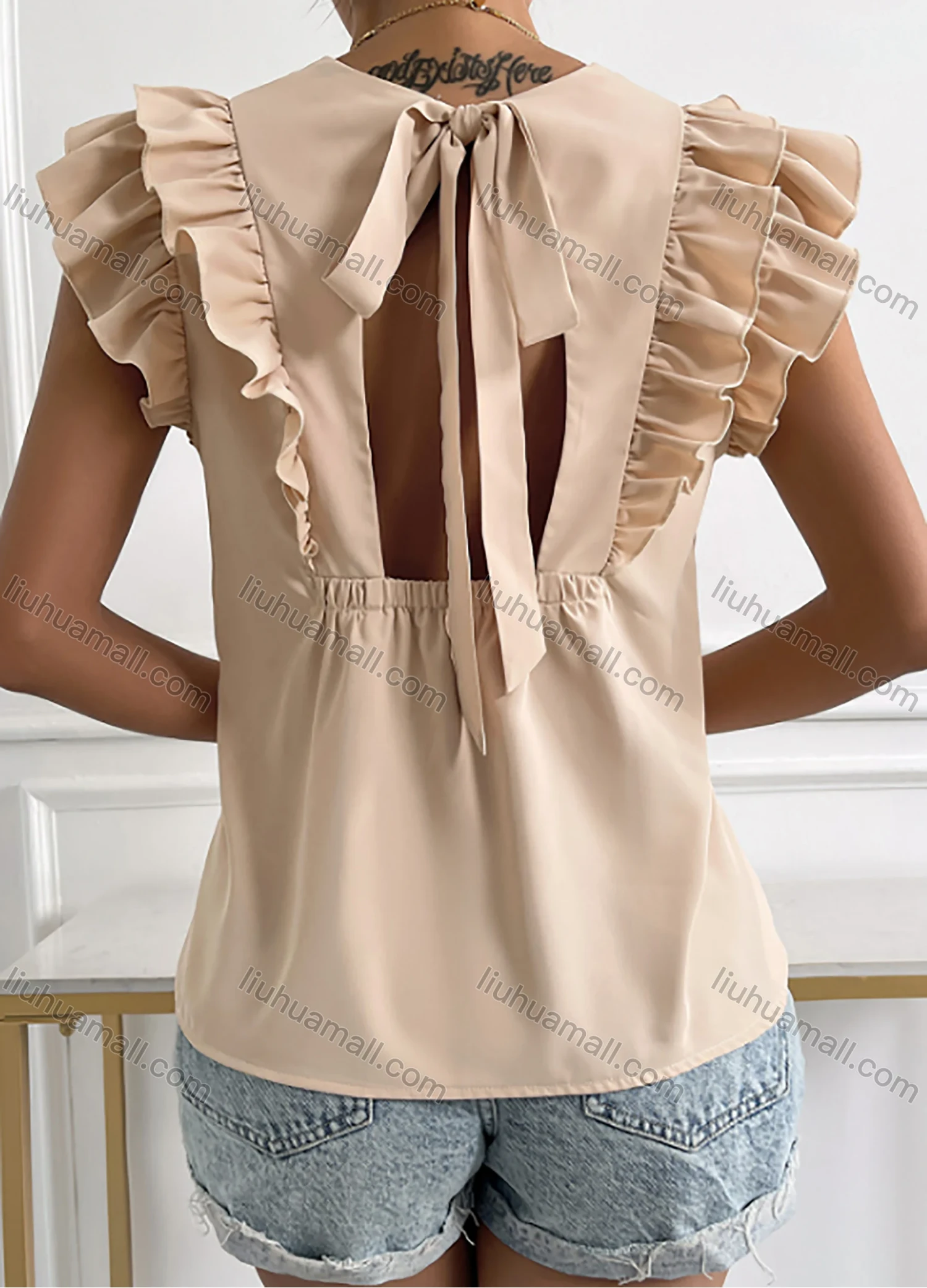Wholesale Women's Fashion Round Neck Ruffle Sleeve Lace Up Plain Blouse LQX2688X# - Liuhuamall