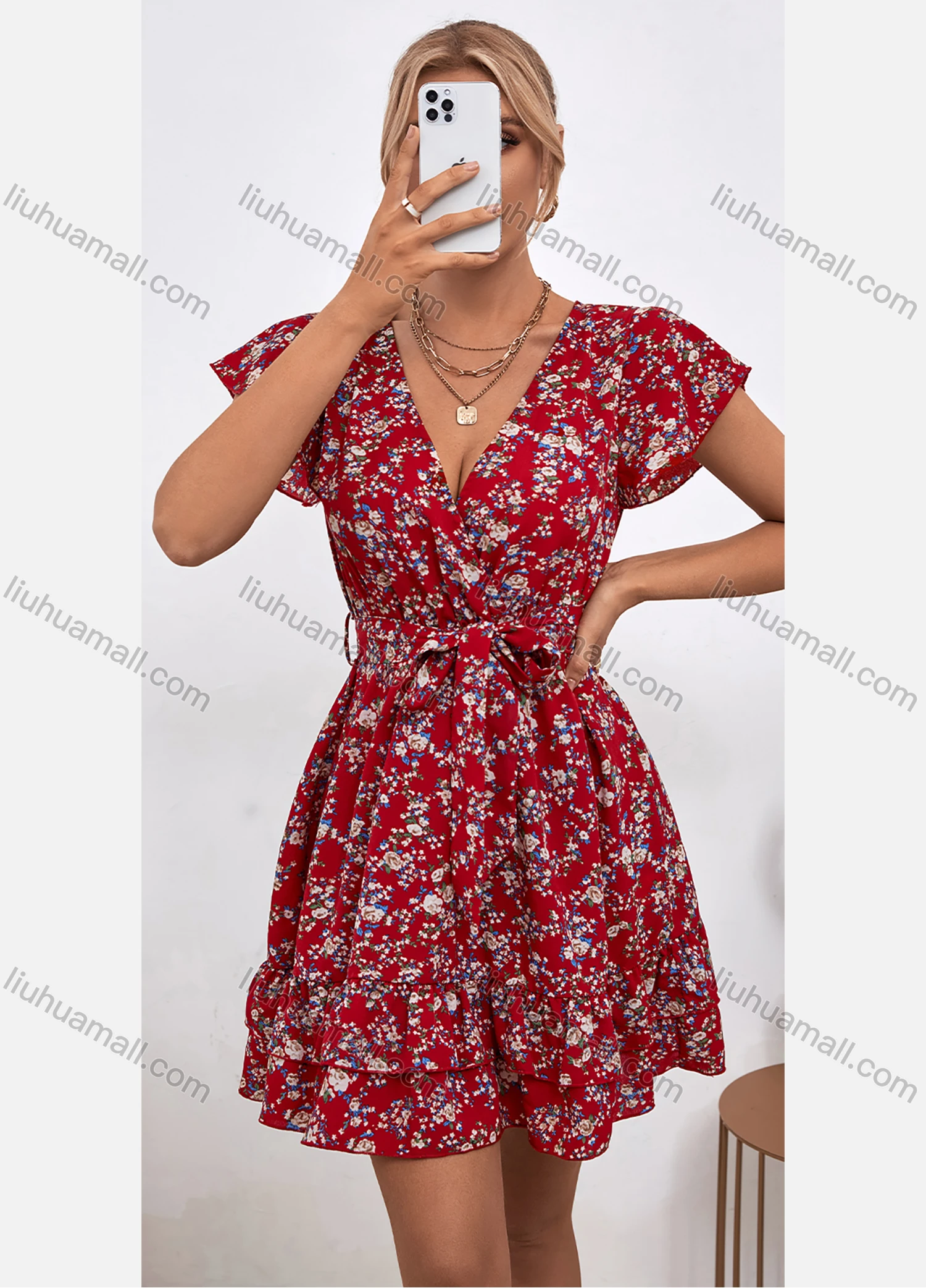 Wholesale Women's Sexy Deep V Neck Short Sleeve Ruffle Hem Floral Print Short Dress With Belt LQ-3316X# - Liuhuamall
