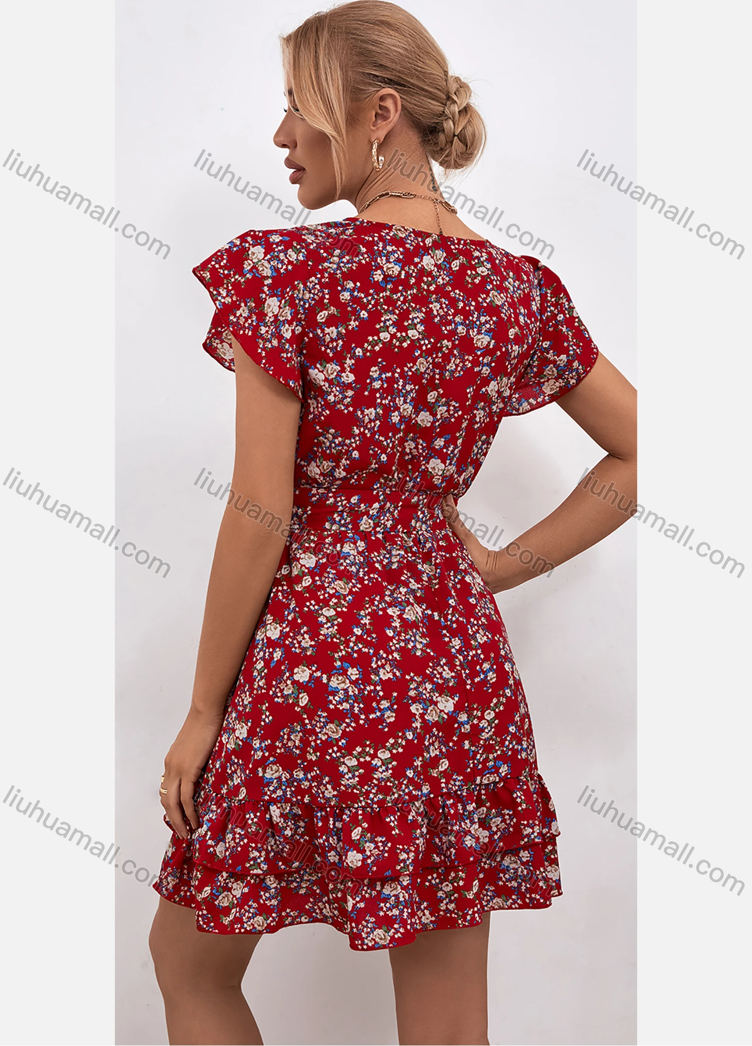 Wholesale Women's Sexy Deep V Neck Short Sleeve Ruffle Hem Floral Print Short Dress With Belt LQ-3316X# - Liuhuamall