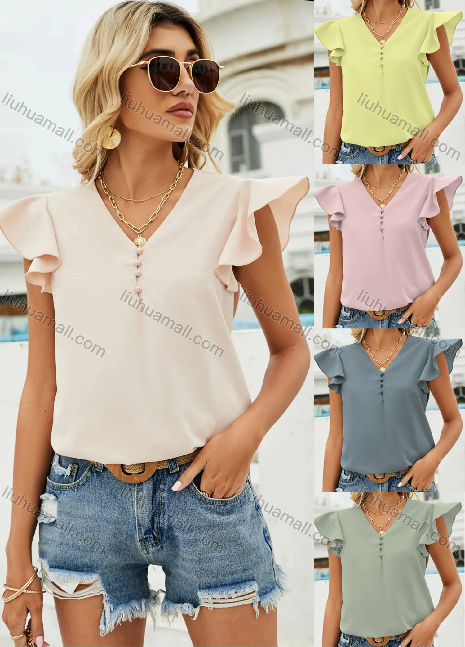 Wholesale Women's Causal V Neck Ruffle Sleeve Pearl Button Decor Plain Blouse LQ-A21395L# - Liuhuamall