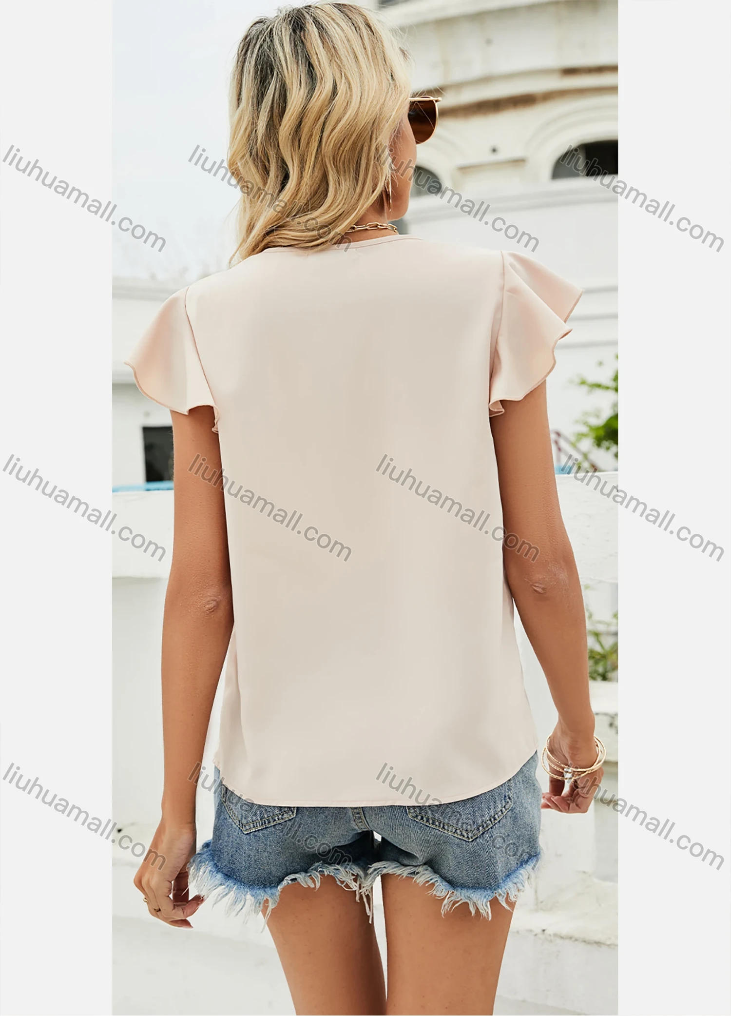 Wholesale Women's Causal V Neck Ruffle Sleeve Pearl Button Decor Plain Blouse LQ-A21395L# - Liuhuamall