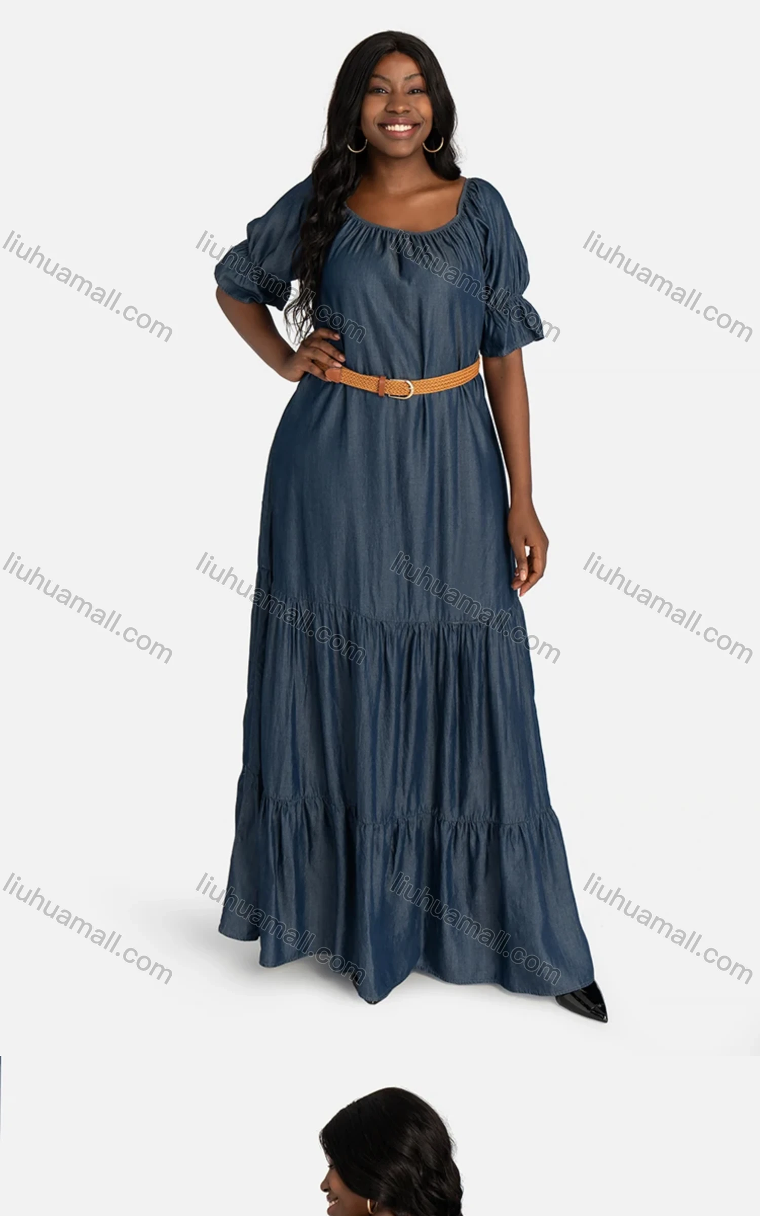 Wholesale Women's Casual Poet Sleeve Plain Layered Denim Dress With Belt 11927# - Liuhuamall