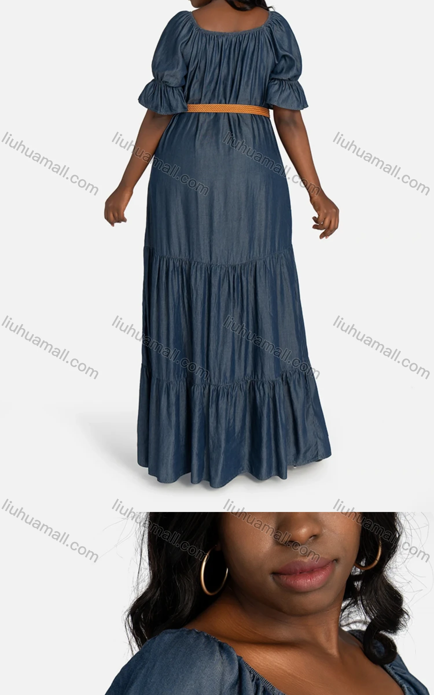 Wholesale Women's Casual Poet Sleeve Plain Layered Denim Dress With Belt 11927# - Liuhuamall