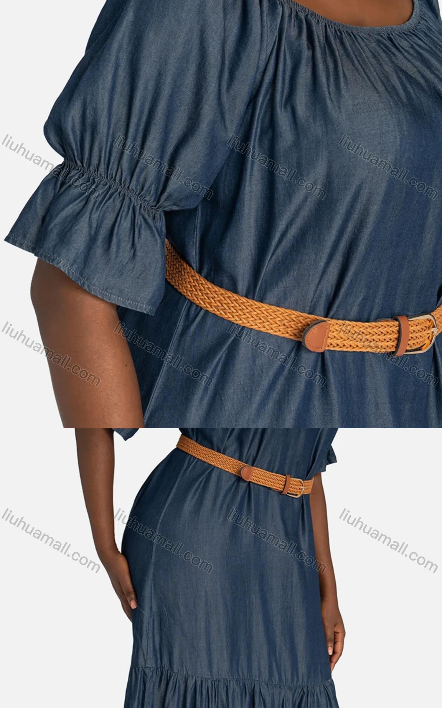 Wholesale Women's Casual Poet Sleeve Plain Layered Denim Dress With Belt 11927# - Liuhuamall