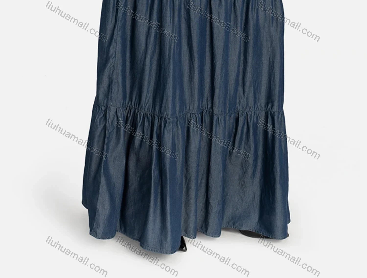 Wholesale Women's Casual Poet Sleeve Plain Layered Denim Dress With Belt 11927# - Liuhuamall